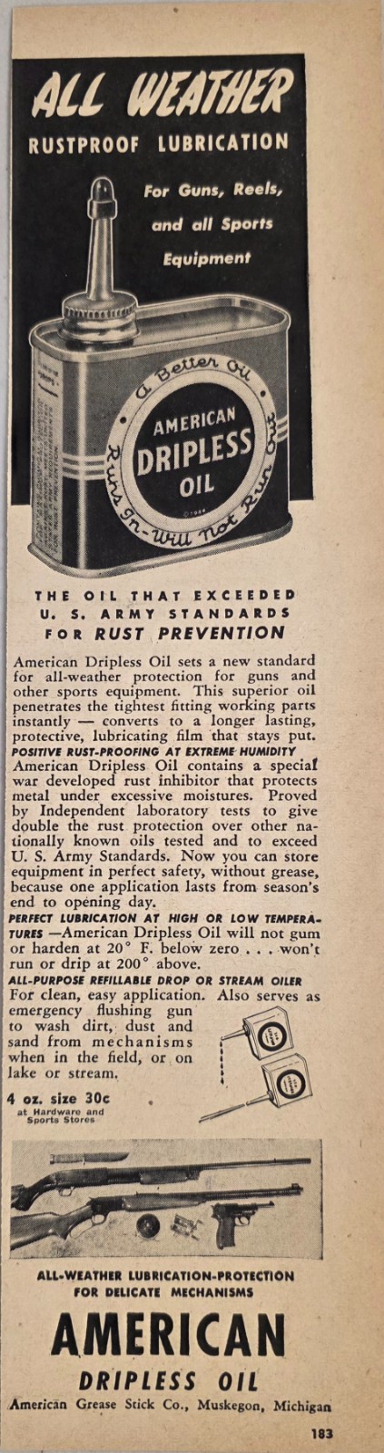 1947 Print Ad American Dripless Oil US Army Rust Prevention Guns Muskegon,MI