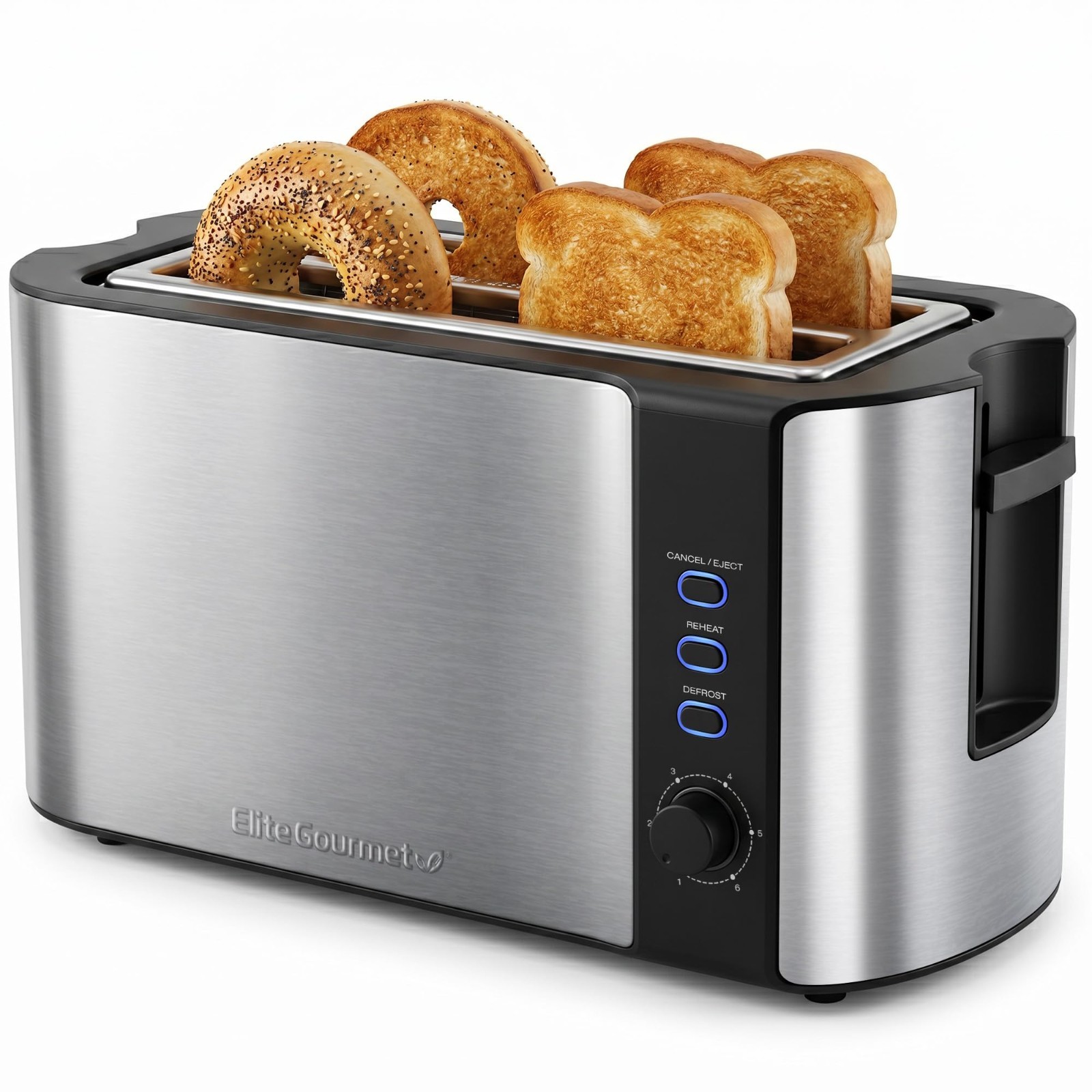 Elite Gourmet 4-Slice Long Slot Toaster, Extra-Wide Slots, 6 Browning