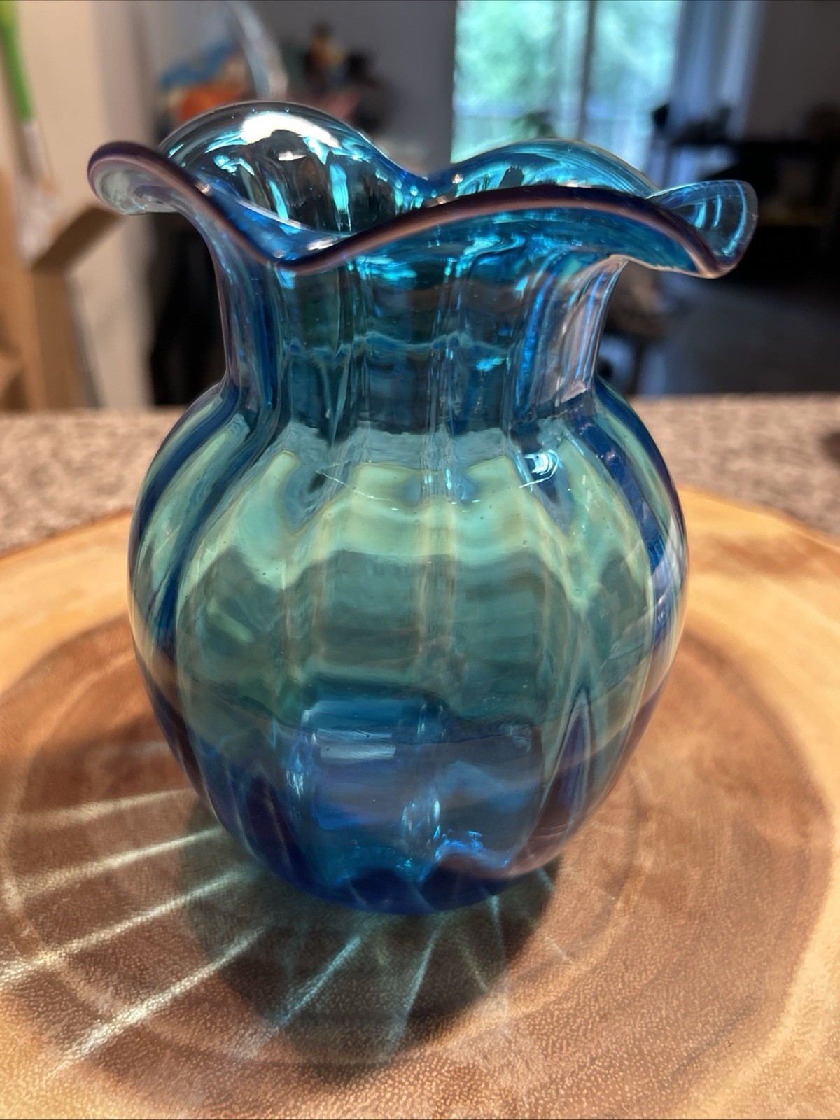 Vtg Mid Century Aqua Blue Hand Blown Ruffled Glass Melon Vase Rough Pontil 5.5 Vtg Mid Century Aqua Blue Hand Blown Ruffled Glass Melon Vase Rough Pontil 5.5