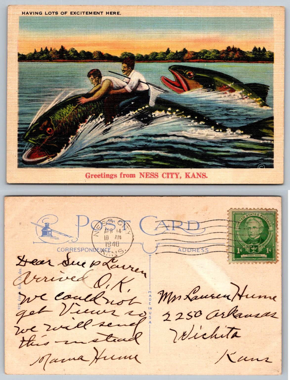 Ness City KS 1940 Linen Postcard Exaggerated Fishing Men Riding Fish Humorous Ness City KS 1940 Linen Postcard Exaggerated Fishing Men Riding Fish Humorous