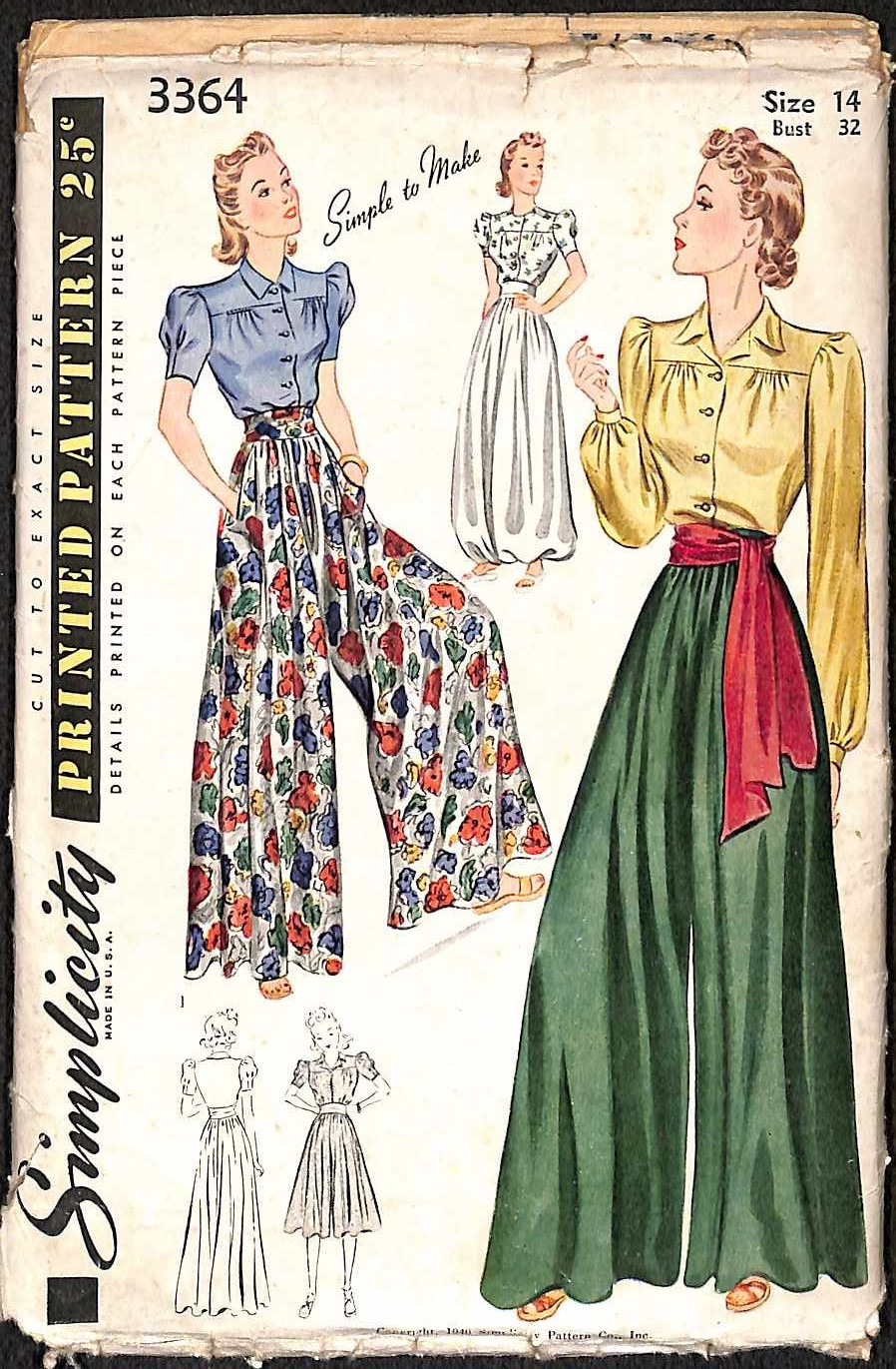 Rare Vintage 1940s Blouse Palazzo Pants Culotte Pattern 3364 Bust 32 Complete
