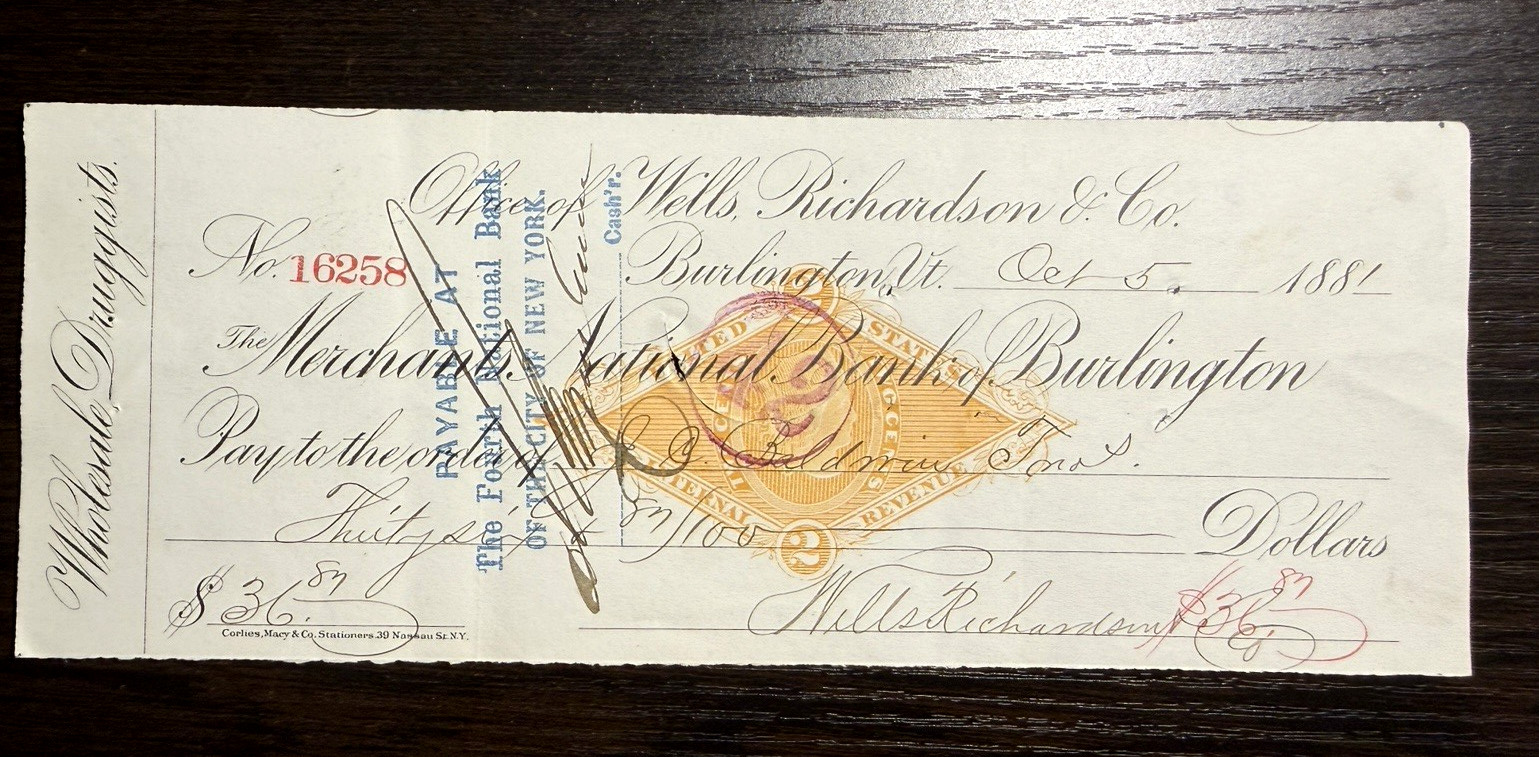 1881 Merchant Natn'l Bank Burlington Check WHOLESALE DRUGGISTS /Wells Richardson 1881 Merchant Natn'l Bank Burlington Check WHOLESALE DRUGGISTS /Wells Richardson