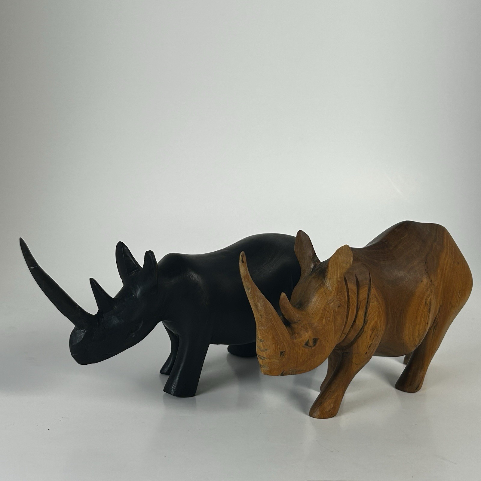Vtg Hand Carved Rhino Figures 8” Brown 9.5” Black Rhinoceros (PLEASE READ)