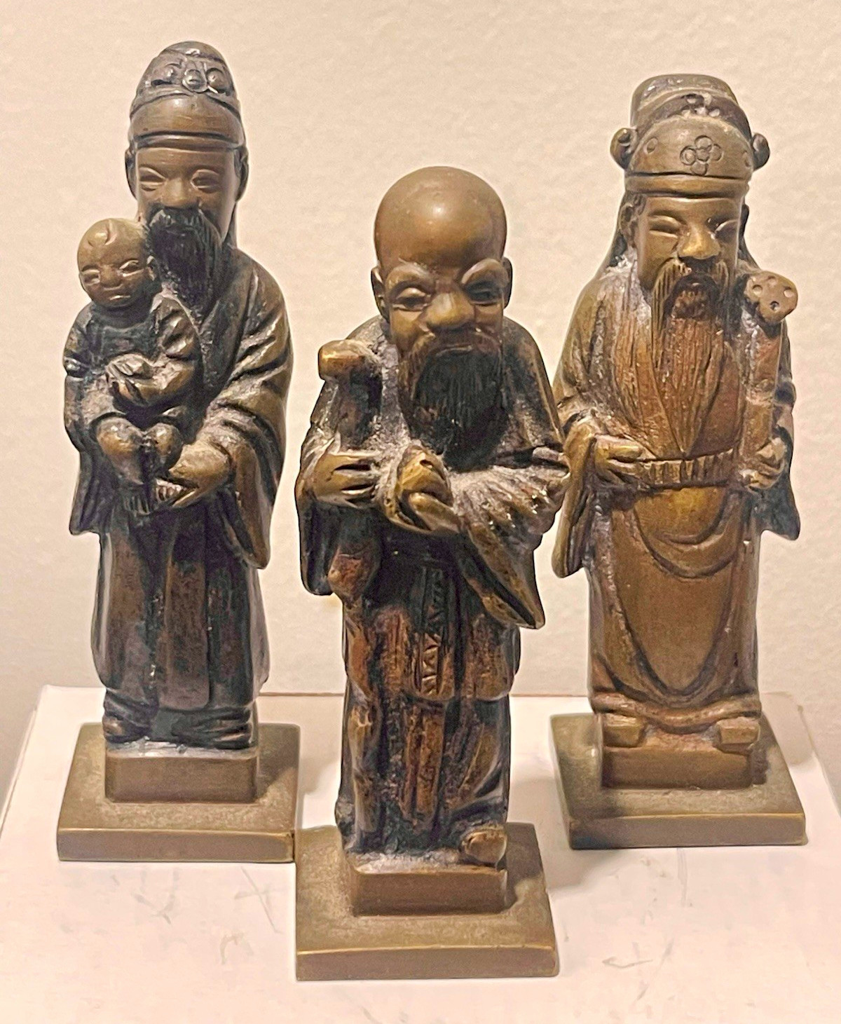 Vintage Solid Bronze Fu Lu Shou Statue Set Chinese Star Gods Sanxing 4.75\ Vintage Solid Bronze Fu Lu Shou Statue Set Chinese Star Gods Sanxing 4.75\