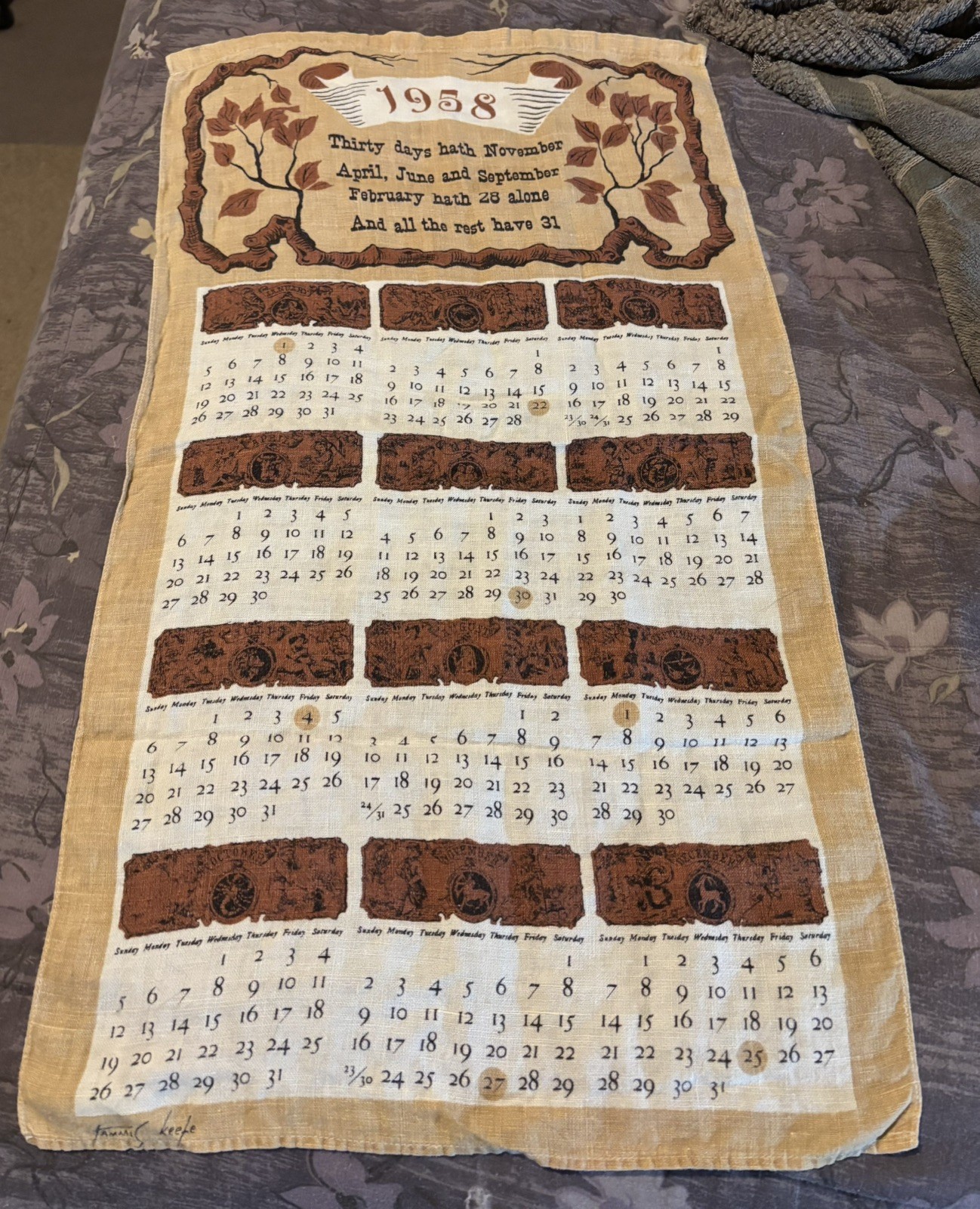 Vintage 1958 TAMMIS KEEFE Signed Linen Calendar Towel Stevens MCM Folk Art 