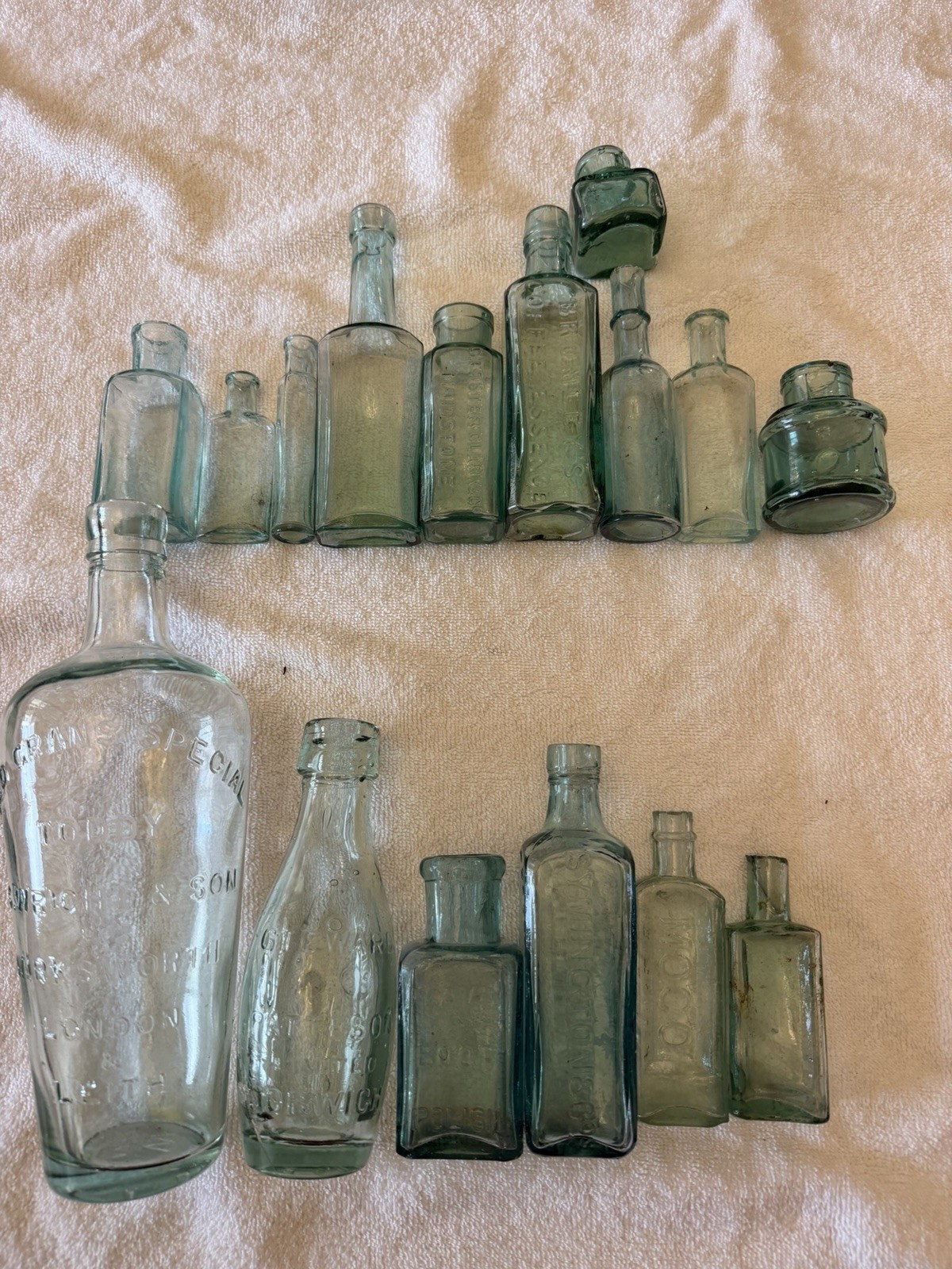 Job Lot 16 Vintage Victorian Aqua Glass Bottles Medicine Ink Torpedo Bundle