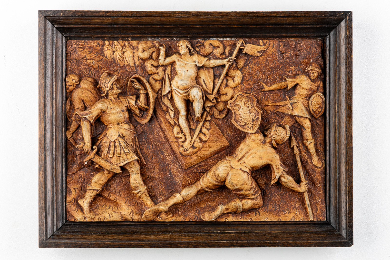 Antique religious chalkware plaque bas relief Ressurection christ wood frame