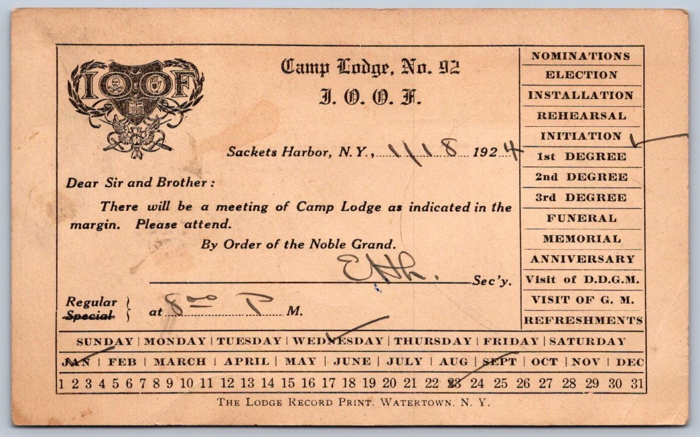 K62/ Sackets Harbor New York Postcard c1924 Lake Ontario IOOF Odd Fellows 68