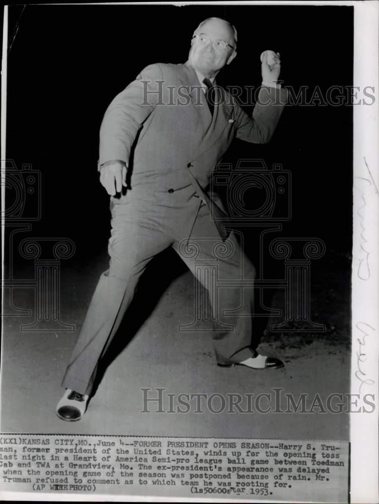 1953 Press Photo Harry S. Truman throws opening ball in Kansas City, Missouri 1953 Press Photo Harry S. Truman throws opening ball in Kansas City, Missouri