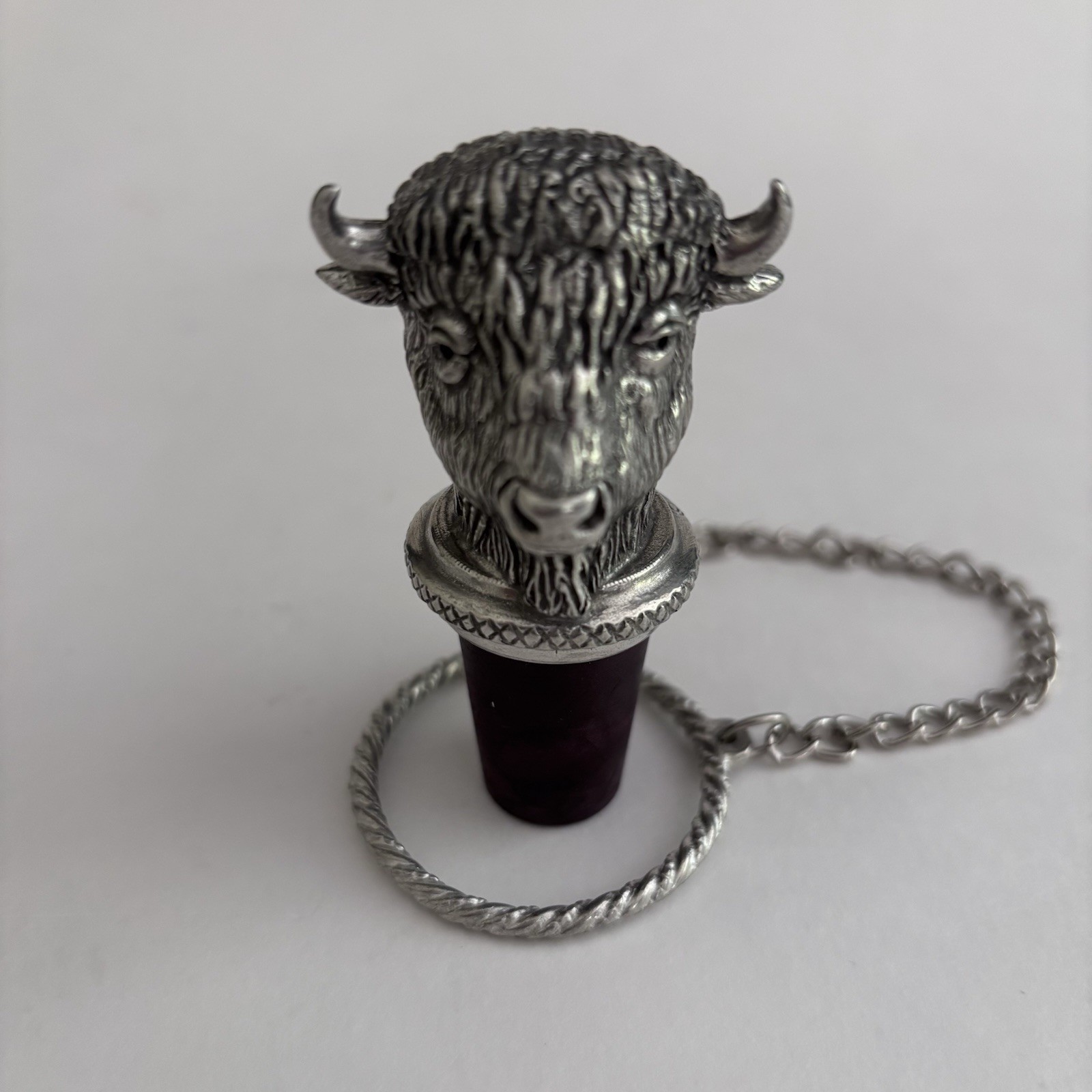 Vintage 2002 HM Pewter Wine Bottle Stopper Buffalo w/ Chain Ring & Loop