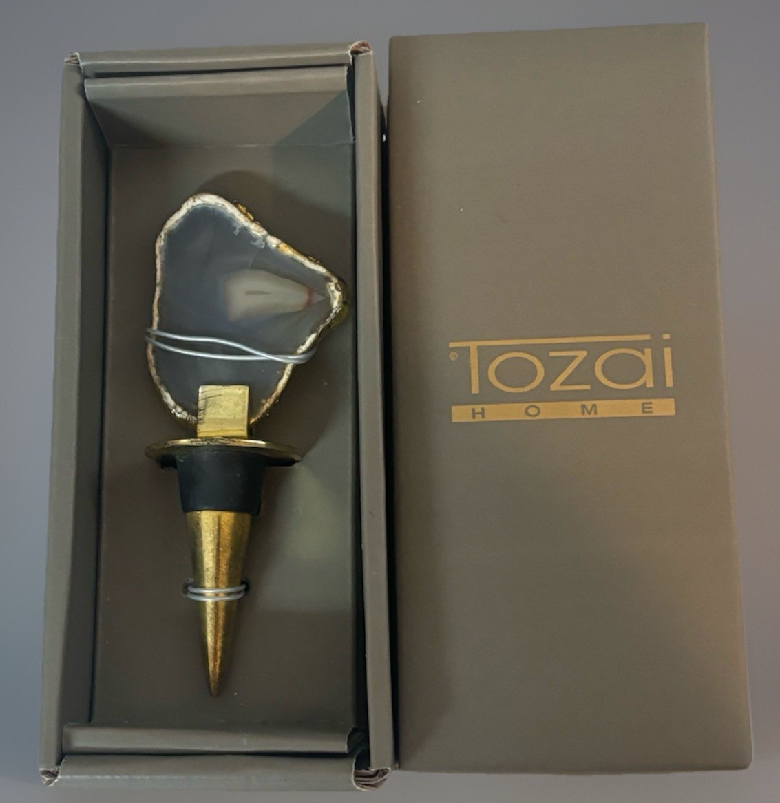 Tozai Home Agate Sliced Stone Wine Bottle Stopper Grey Gold Brown New in Box