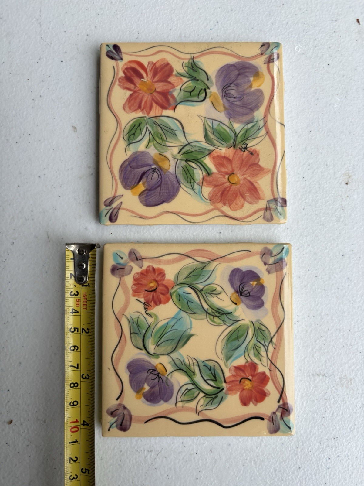 Vtg Gail Pittman for Beau Rivage Trivet Ceramic Art Tiles Hand Painted Set of 2