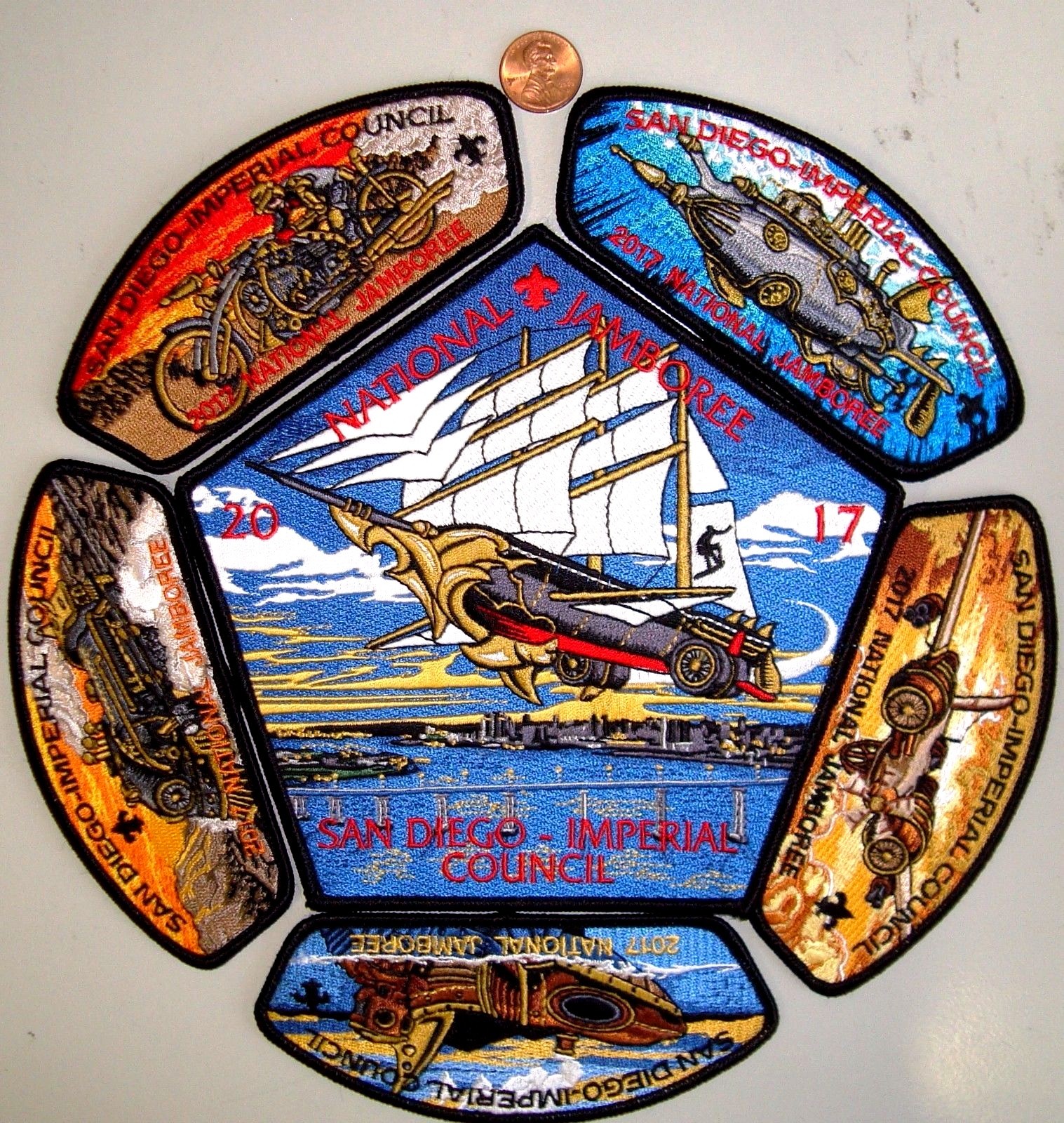 BSA SAN DIEGO IMPERIAL 2023 OA 45 JAMBOREE 2017 6-PATCH JSP CAR PLANE STEAMPUNK