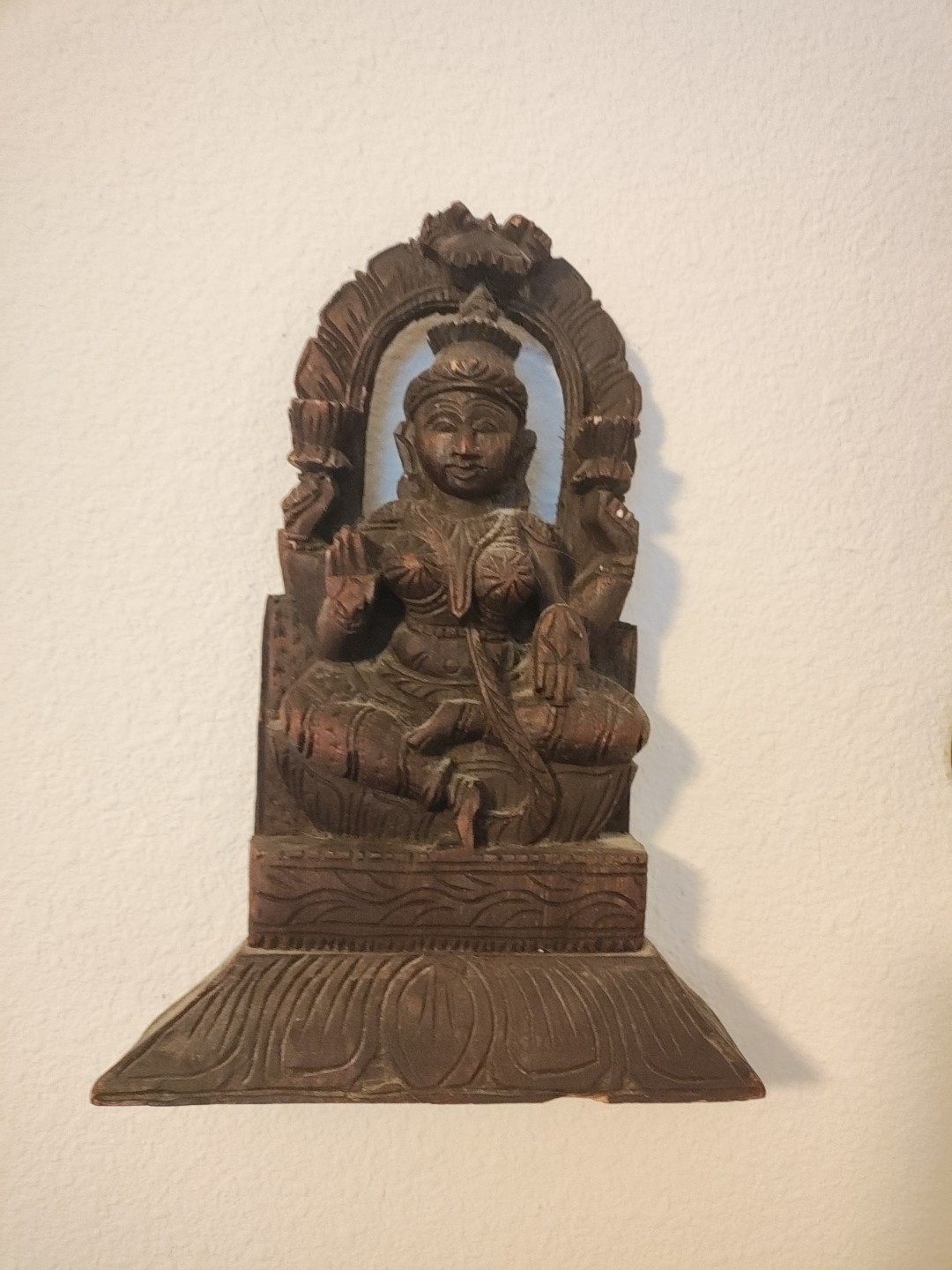 Vtg Wooden Hand Carved Goddess Laxmi Wall Hanging/ Shelf Figurine Statue 11x7