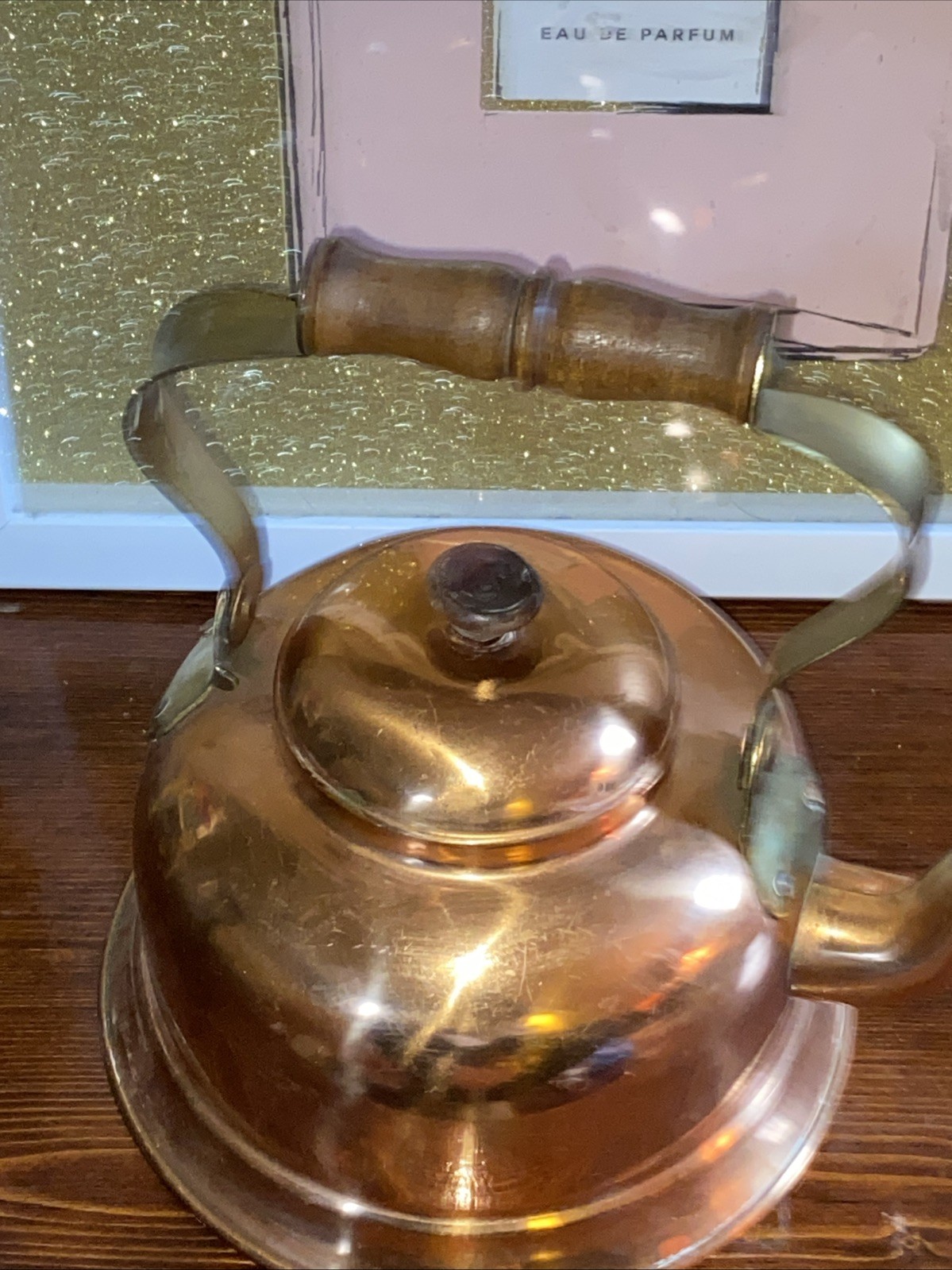 Vintage Tagus Portugal Solid Copper Tea Kettle | Wood Handle & Brass Accents