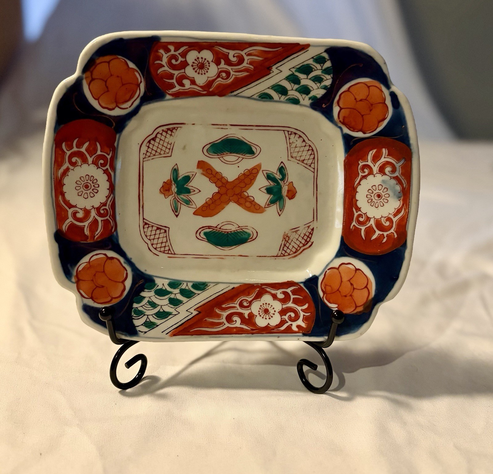 Vintage Hand Painted Asian Square Plate Fish Scales Flowers Imari Porcelain