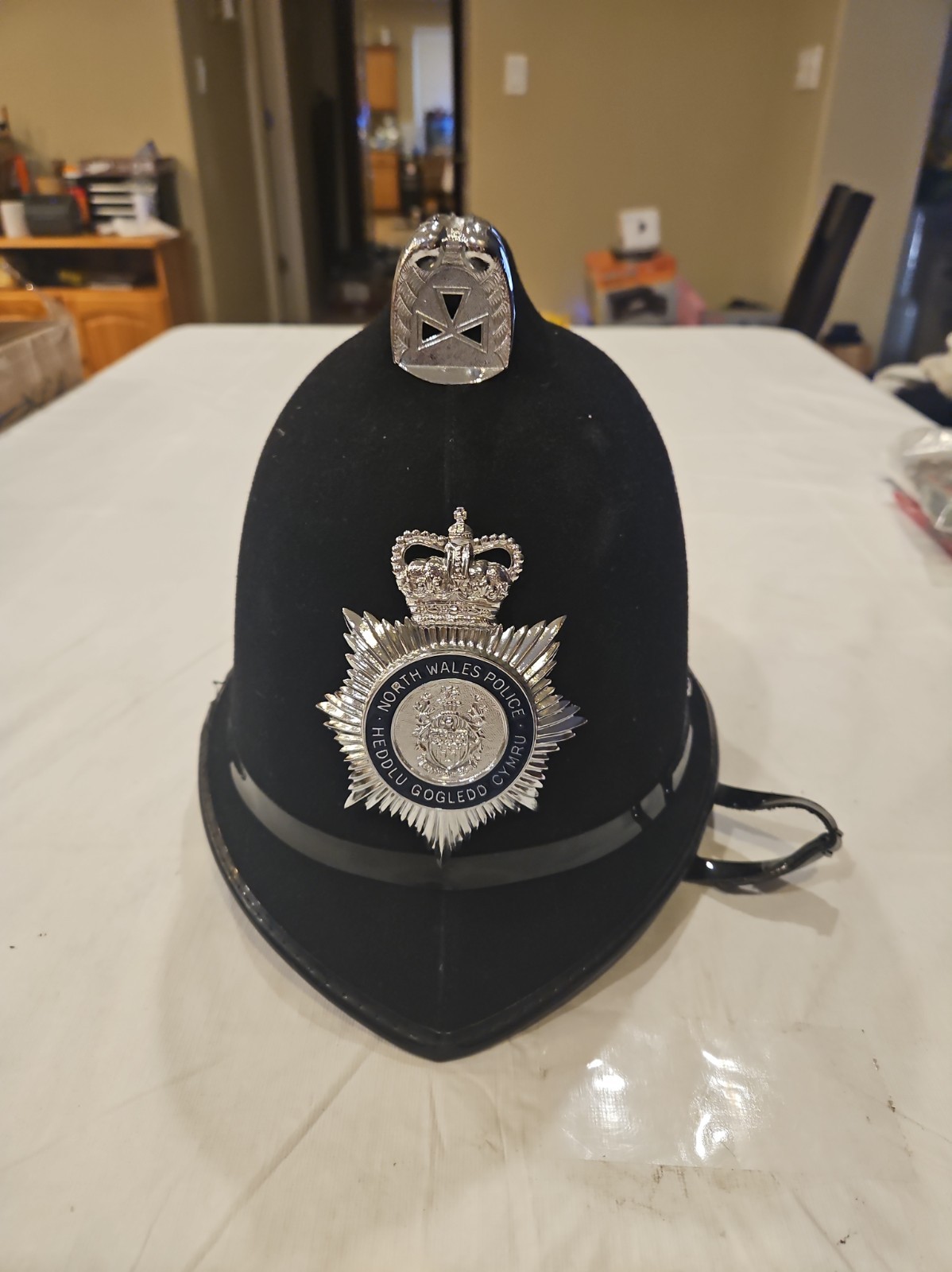 British Police Custodian Helmet Coxcomb North Wales Police Badge Stamped 301
