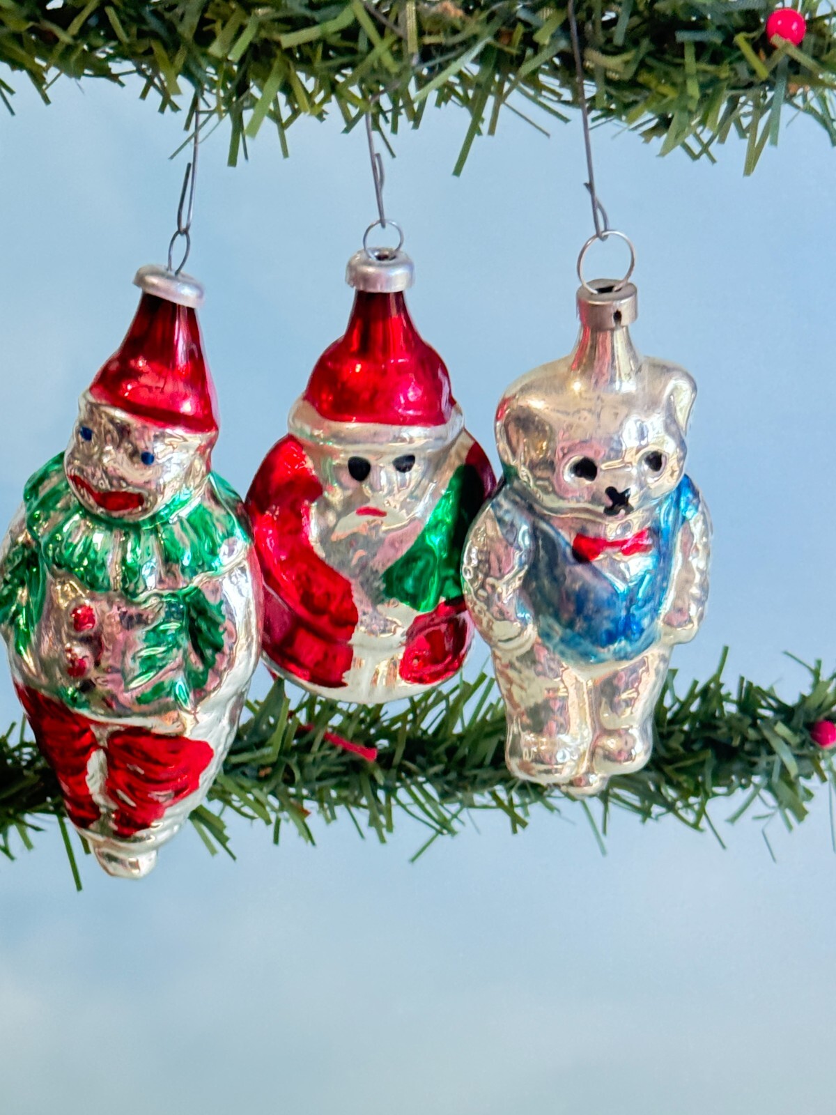3 Antique Blown Mercury Glass Ornaments Bear, Clown Santa Made in Germany 1940\'s 3 Antique Blown Mercury Glass Ornaments Bear, Clown Santa Made in Germany 1940\'s