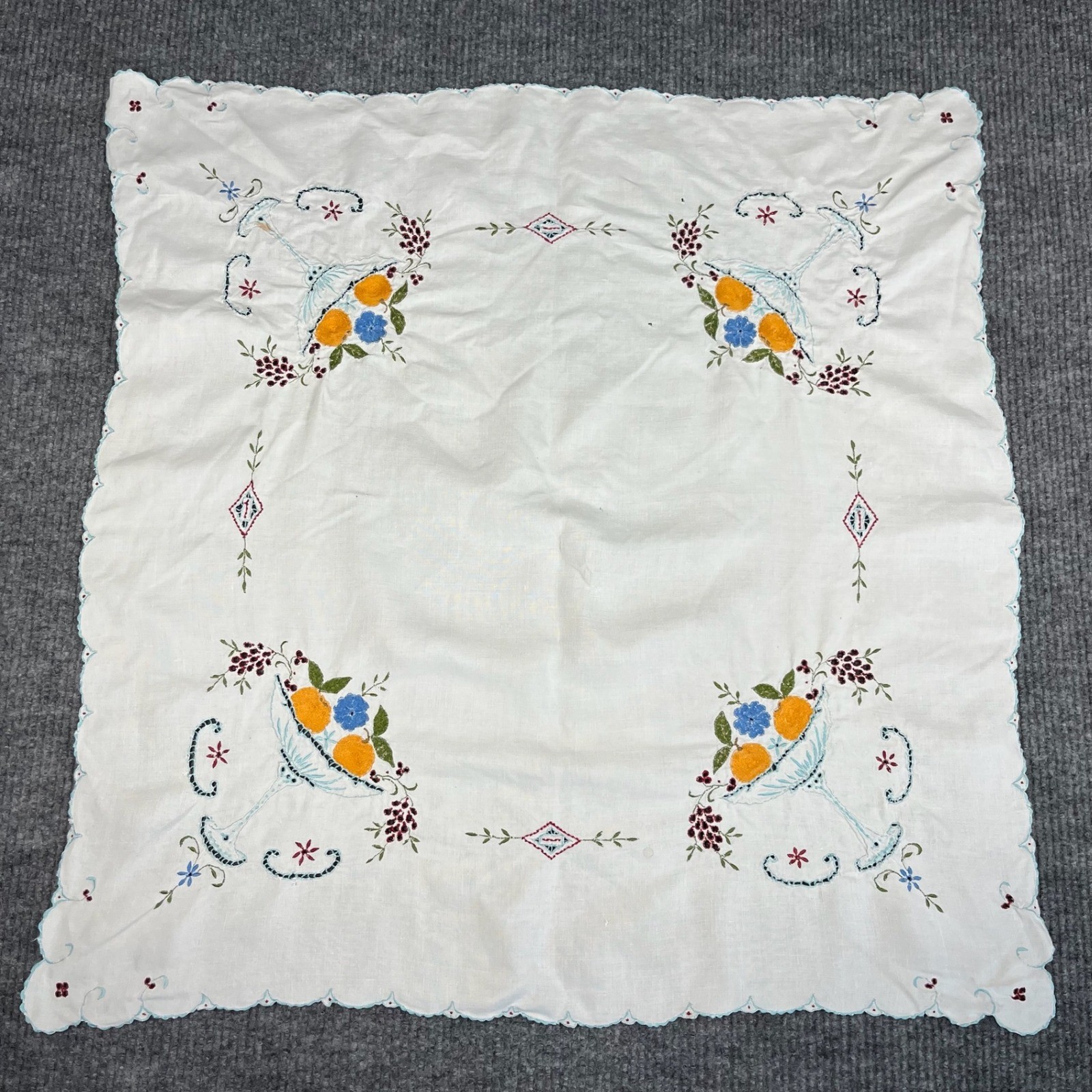 Vtg 40s Tablecloth Embroidered Fruit Basket Floral White Cotton Scalloped 33x34