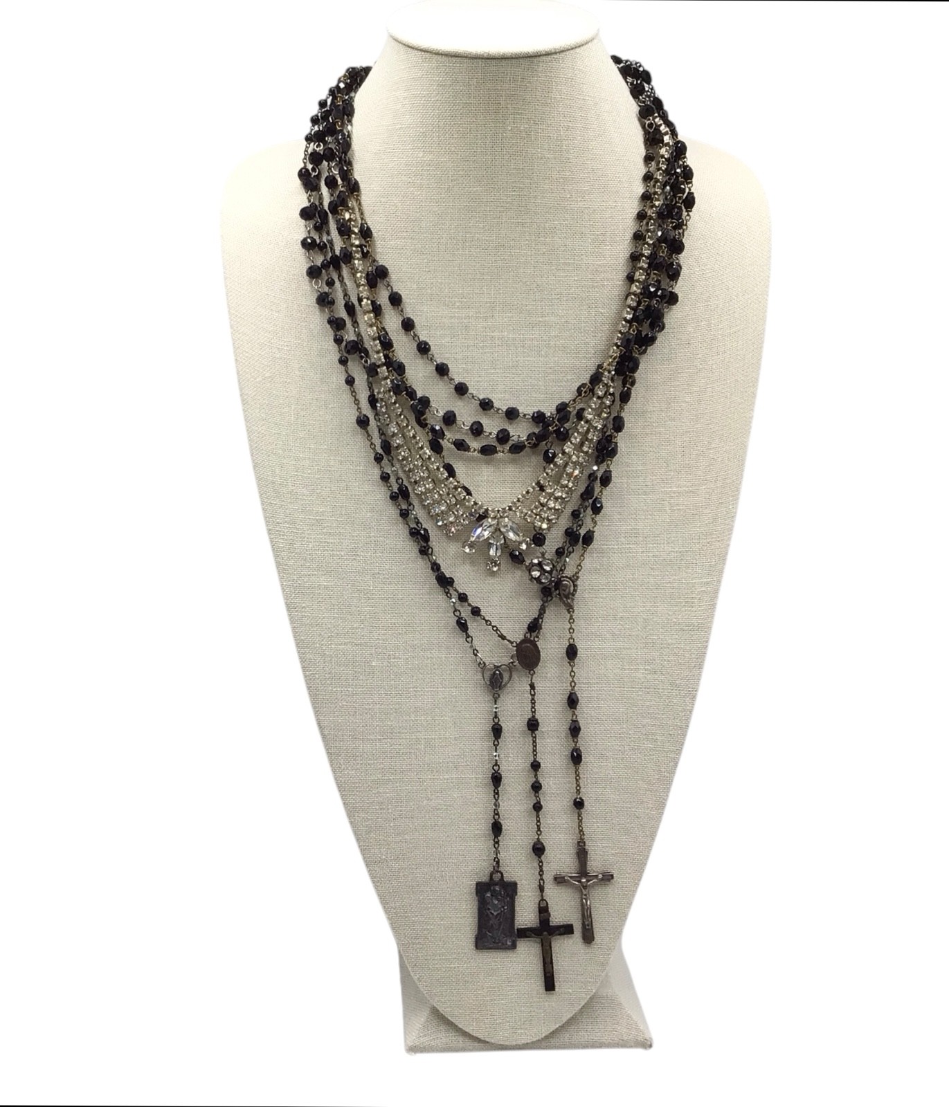 Vintage Handmade Multi Strand Rosary Necklace, Gothic Cross Charm Medallion Vintage Handmade Multi Strand Rosary Necklace, Gothic Cross Charm Medallion