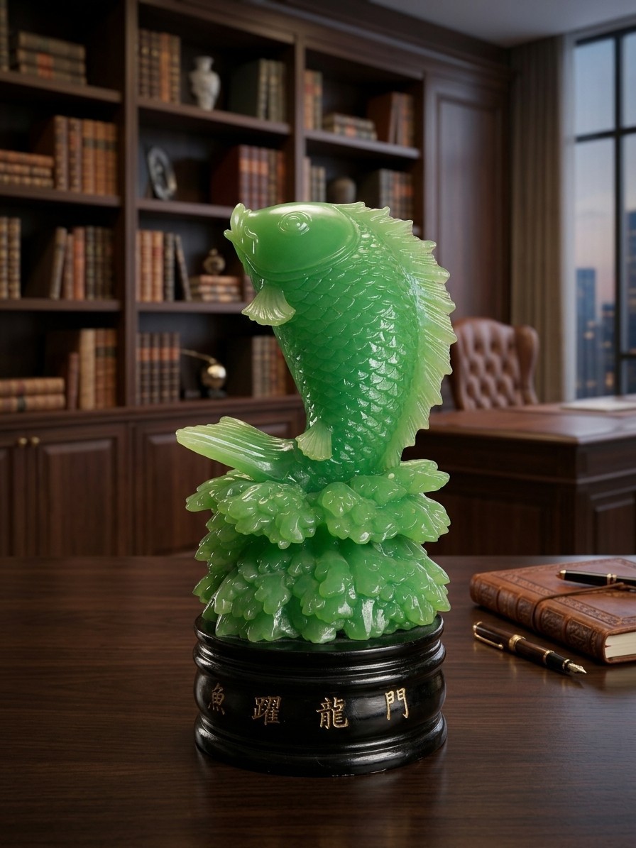 Green Faux Jade Resin Leaping Koi Fish Statue Chinese Inscribed Base 13.5 Inch
