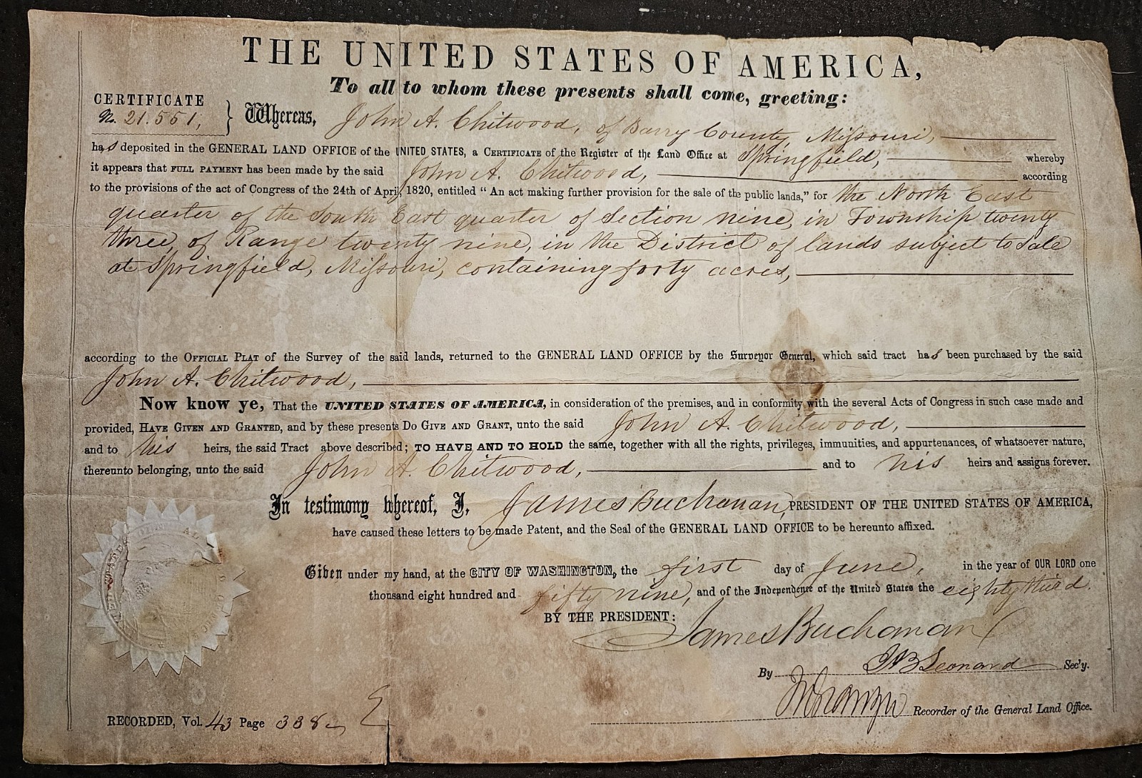 PRESIDENT JAMES BUCHANAN LAND GRANT signed BY Special Secretary June 1, 1859 PRESIDENT JAMES BUCHANAN LAND GRANT signed BY Special Secretary June 1, 1859