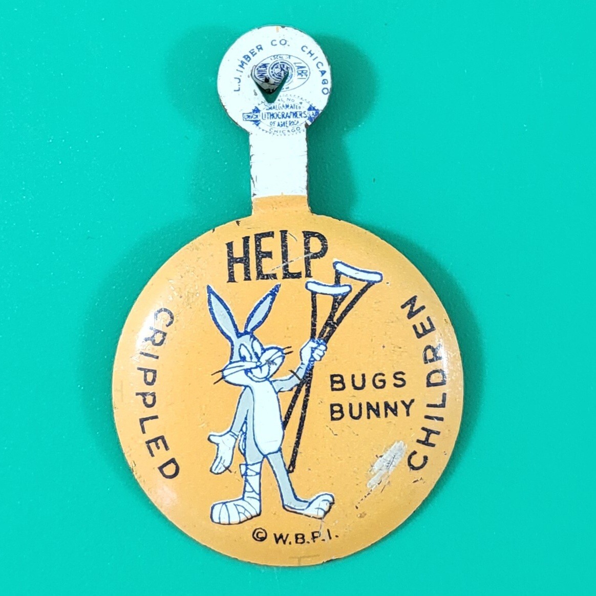 Vintage 1950's Bugs Bunny W/ Crutches Help Crippled Children Imber Button Rare