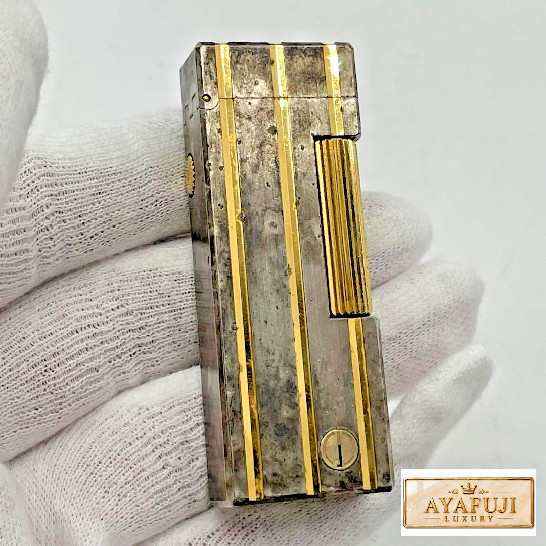 Dunhill Roller Gas Lighter Silver Gold Stripe Spark Tested Japan
