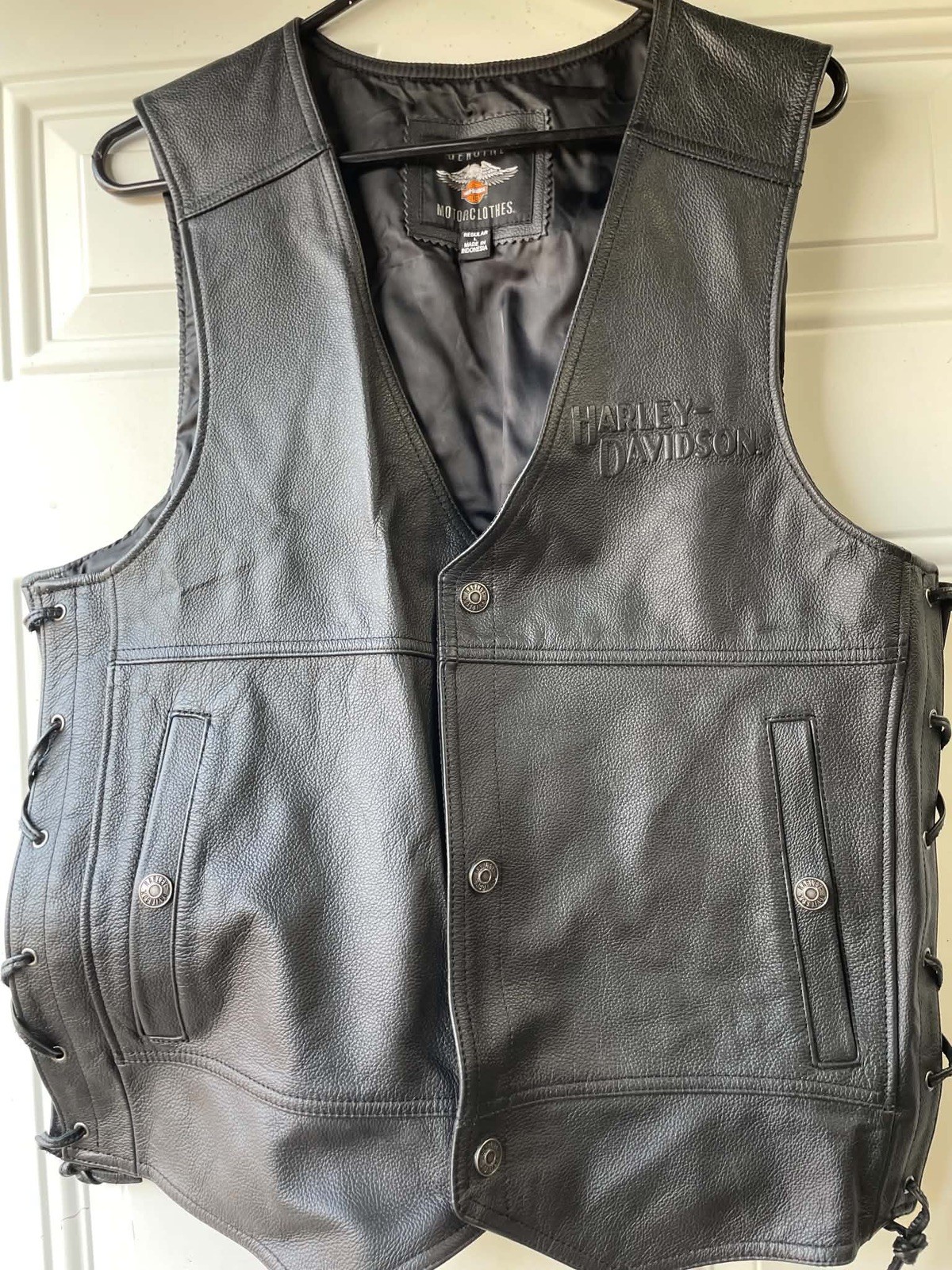 Harley-Davidson unisex ￼L Black Genuine Leather Snap Front Vest Made in USA