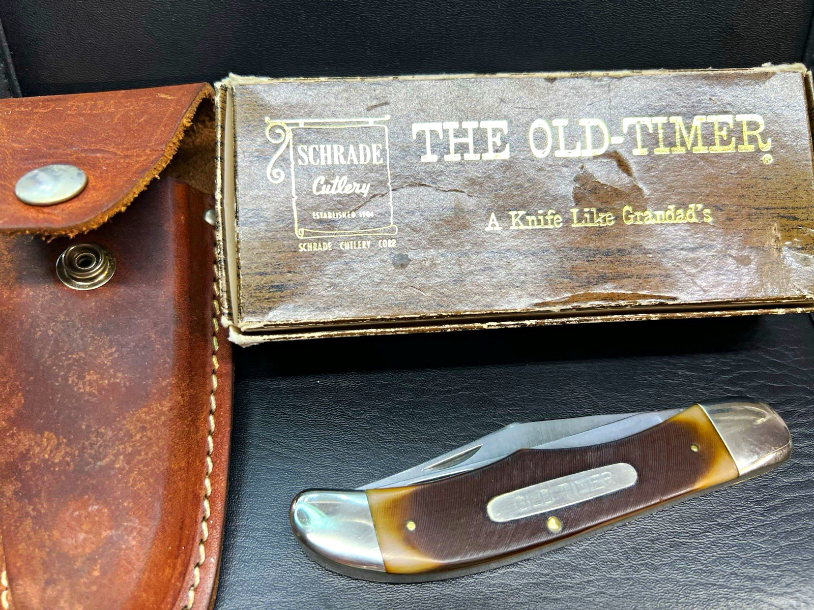Vintage Schrade Old Timer 250T 2-Blade Slipjoint Pocketknife Box/Sheath & Case