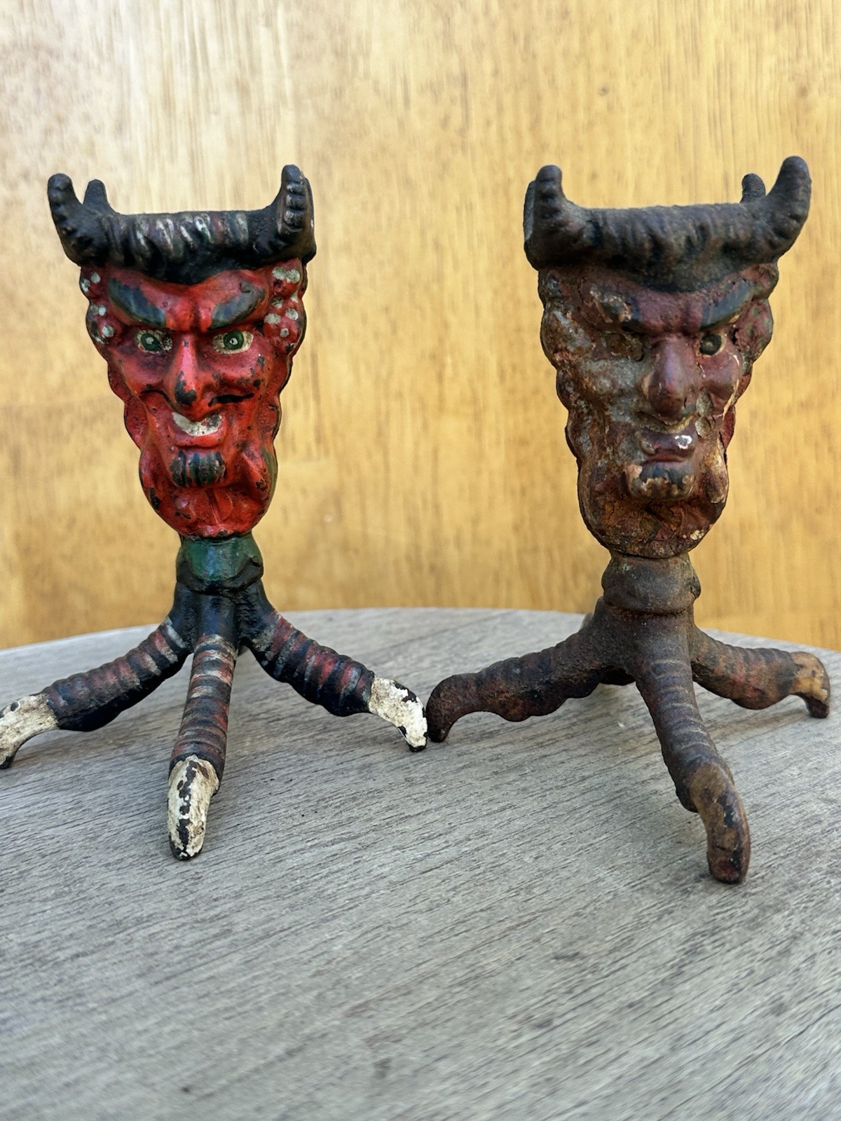 Pair Antique Cast Iron Devil Head Candle Holders Double Sided Bird Claw Foot 4\