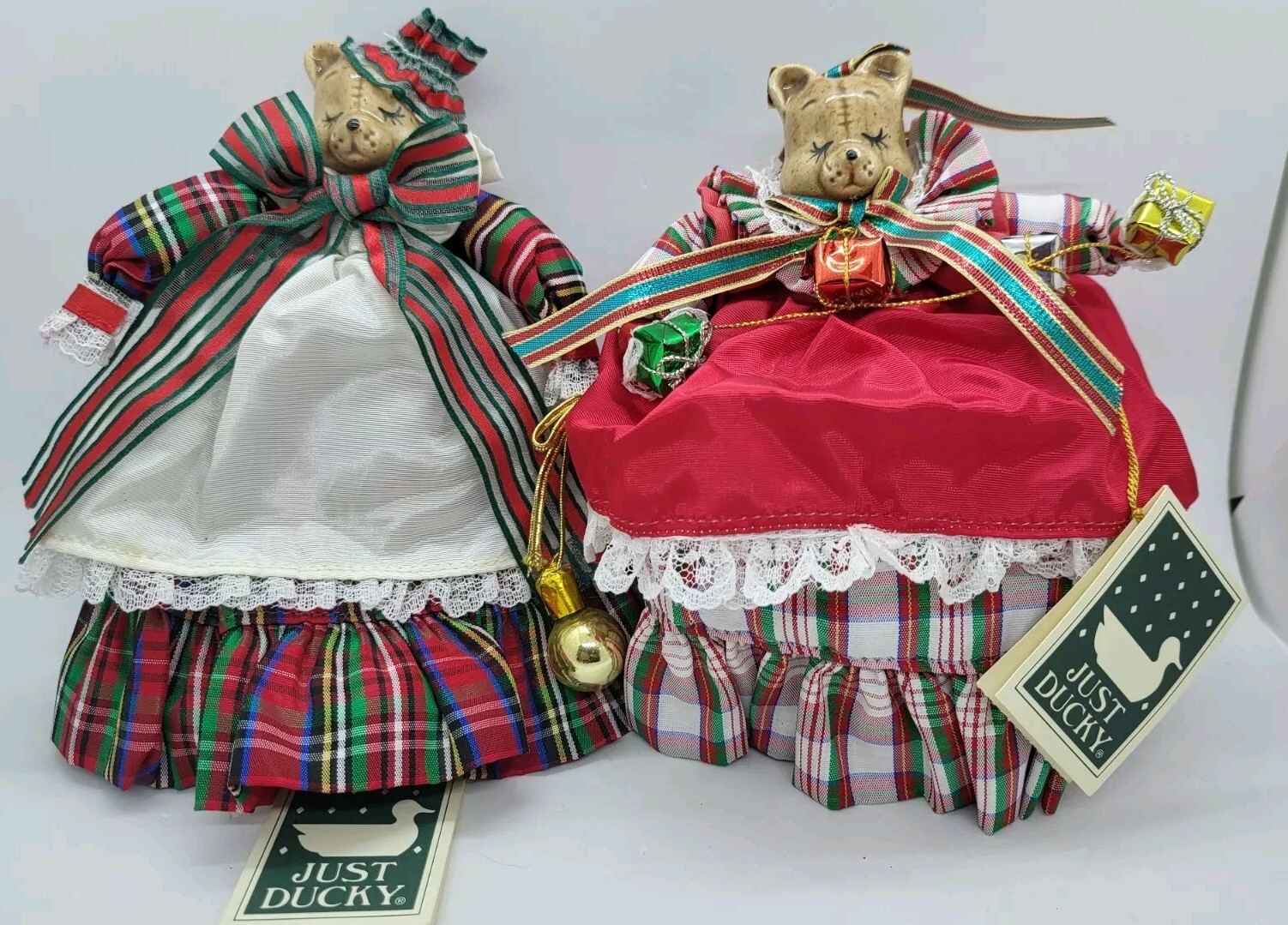 Vintage Just Ducky Porcelain Bear Figurine Christmas Decorative Doll Set of 2