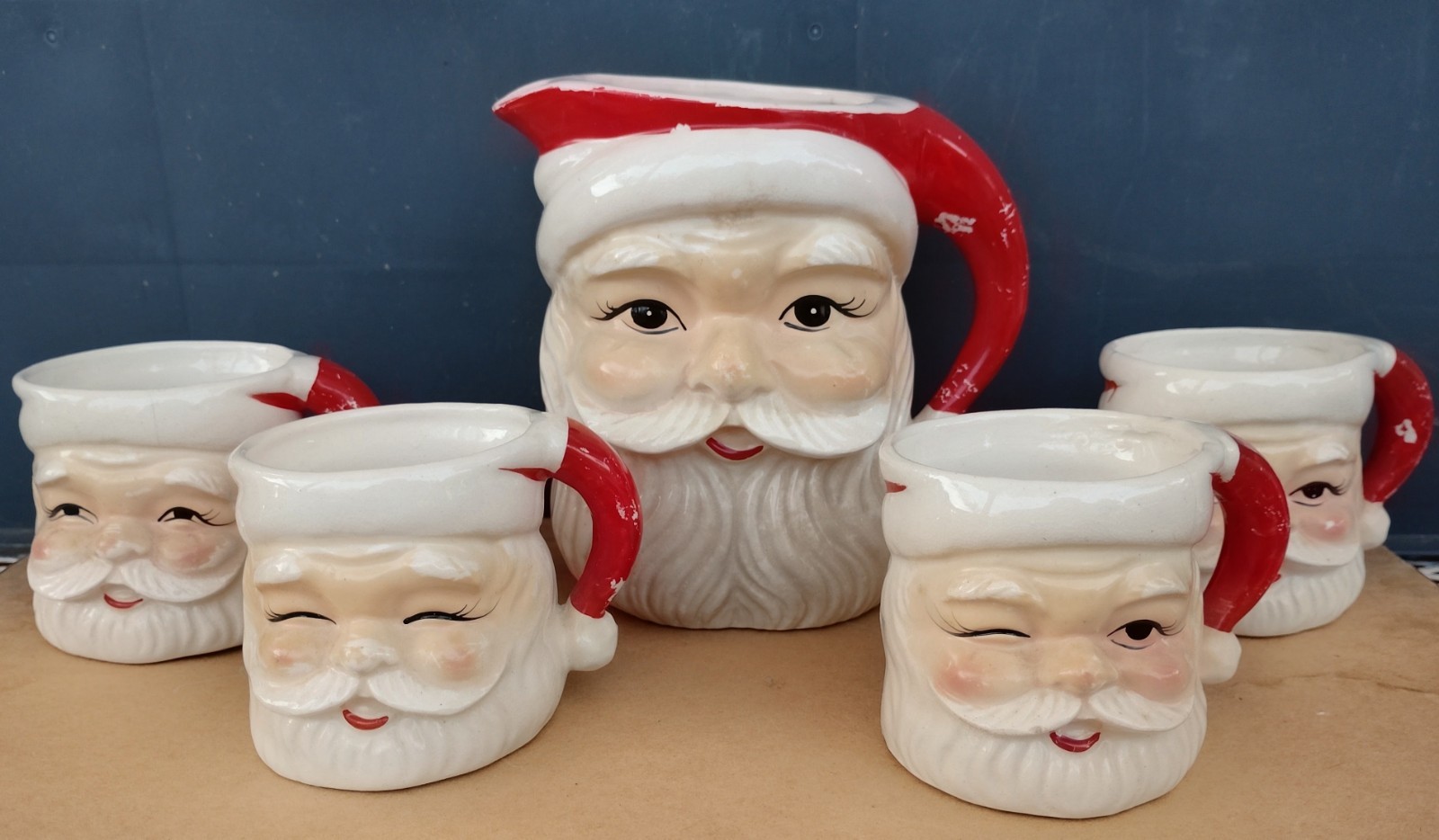 Vtg 1950s Tilso Japan Santa Pitcher Mug Set Mid Century 4 Stage Expression Wink