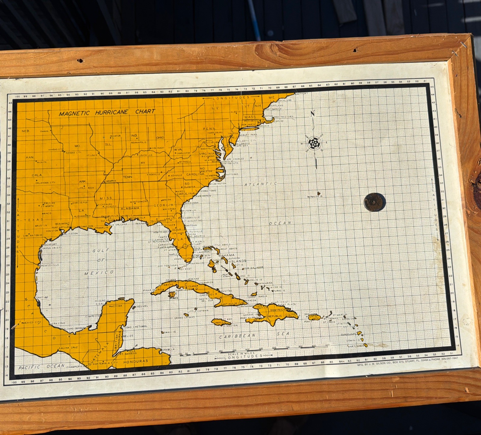 Vintage 60’s J.W. Gilson Magnetic Hurricane Tracking Chart Framed Atlantic Map