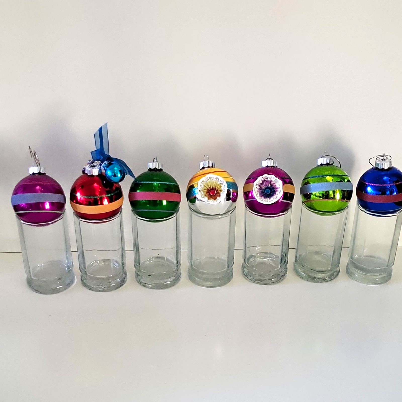 Vintage Shiny Brite Christmas Ornaments Lot of 7 Mid Century Striped & Reflector
