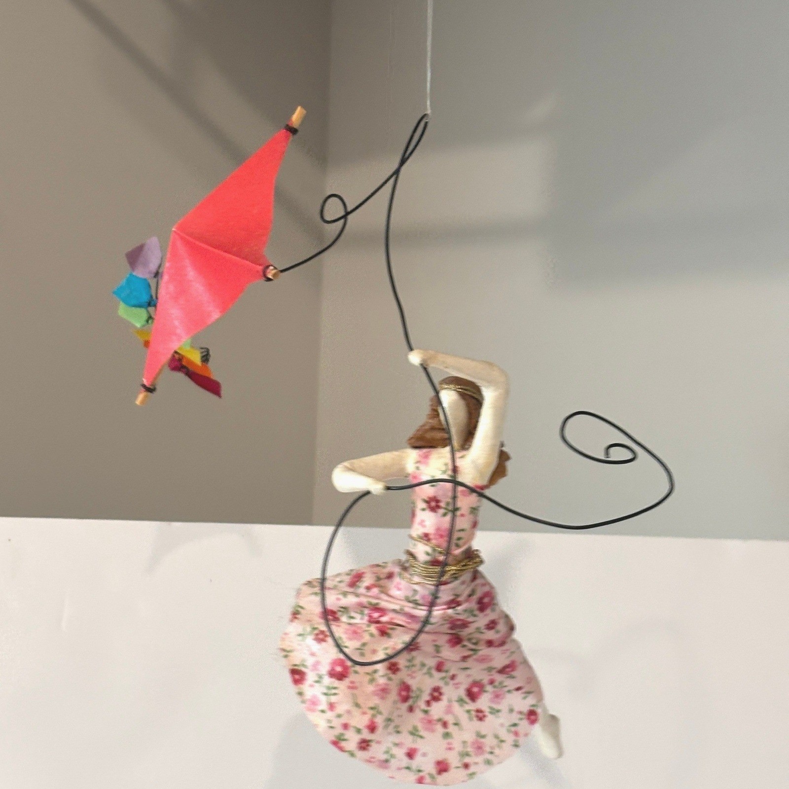 Serena Mann Studios Handcrafted Girl with Kite Figurine Floral Cloth Wire 2011