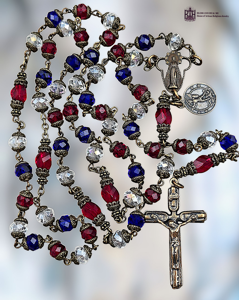 Miraculous Mary & Michael Patriotic Rosary Heirloom Bronze,Red White Blue Glass