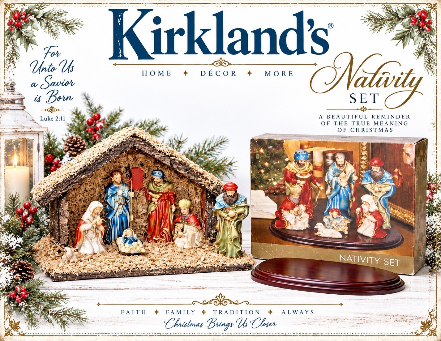 Vtg Kirklands (7) Piece Porcelain  Nativity Set W/Wooden Stable & Wooden Base