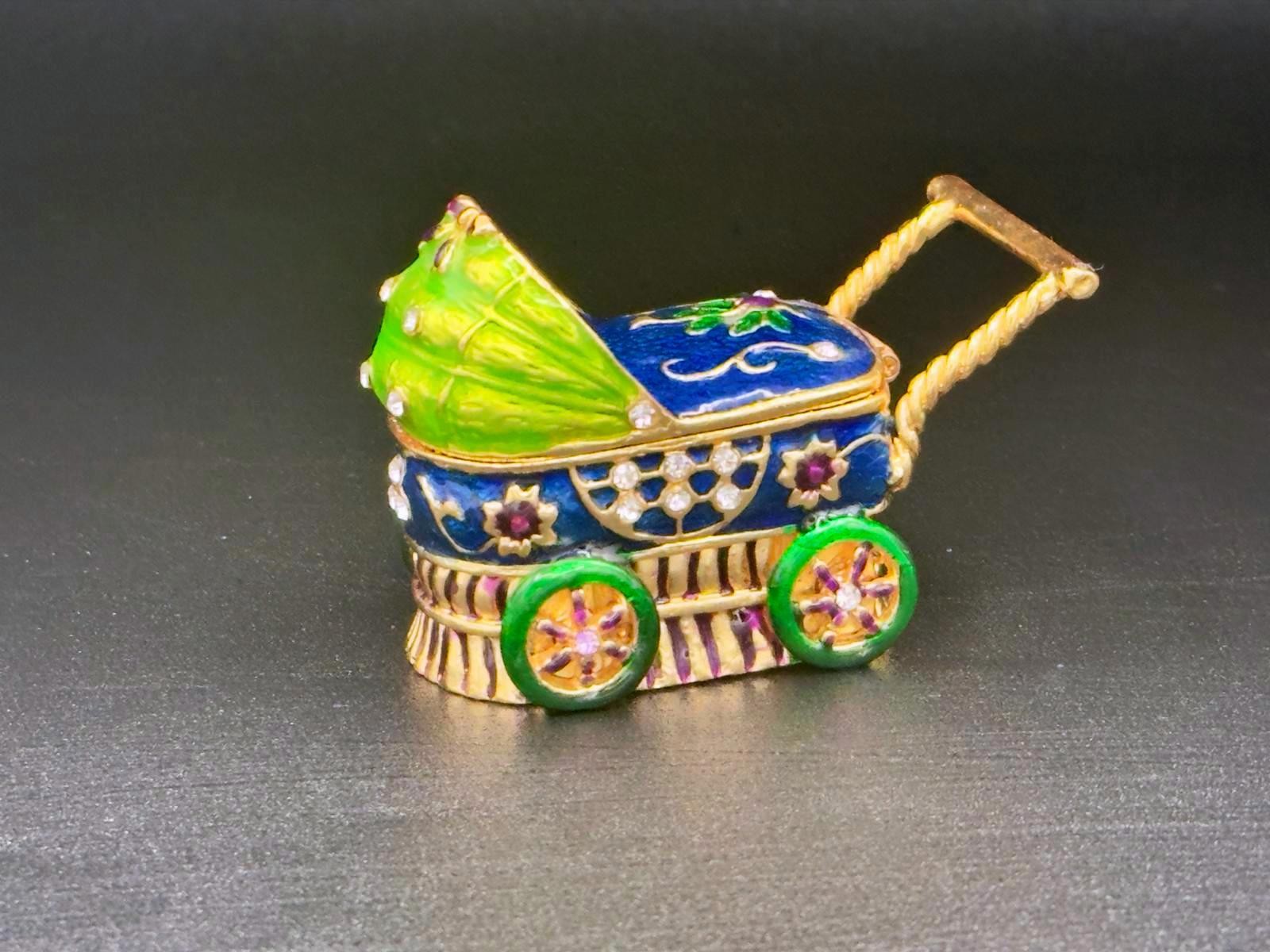 Miniature Vintage Doll Stroller Trinket Box - Tiny Baby Carriage Colorful Enamel Miniature Vintage Doll Stroller Trinket Box - Tiny Baby Carriage Colorful Enamel