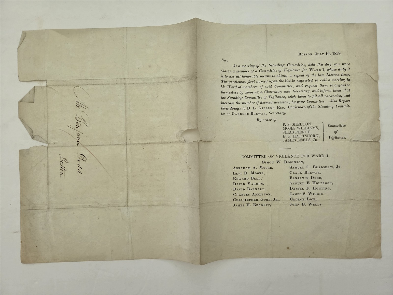 1838 antique TEMPERANCE COMMITTEE OF VIGILANCE boston ma circular BREWER repeal