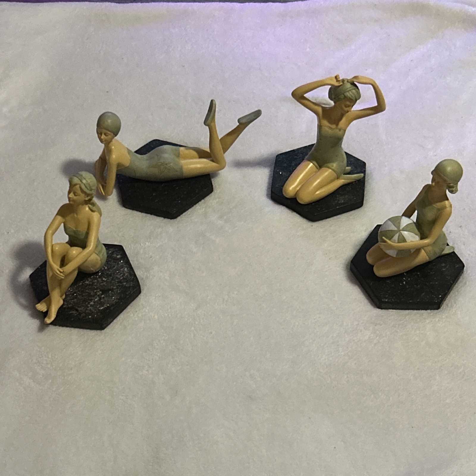 Vintage 1920s Bathing Beauty Resin Figurines Art Deco Green/ Blue | Set of 4