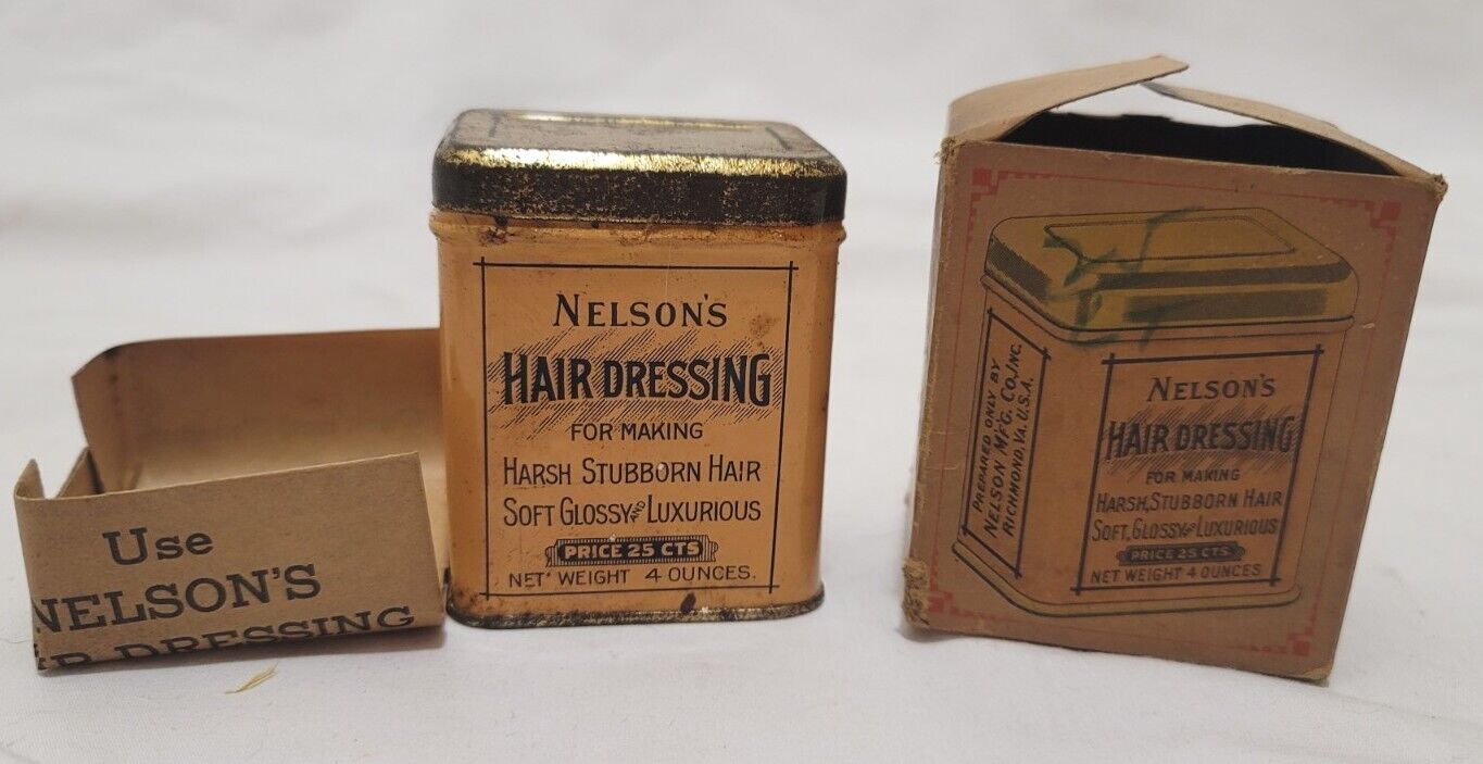 ANTIQUE NELSON\'S HAIR DRESSING TIN COLORFUL FUll CONTENTS BOX & INSTRUCTIONS Lt2