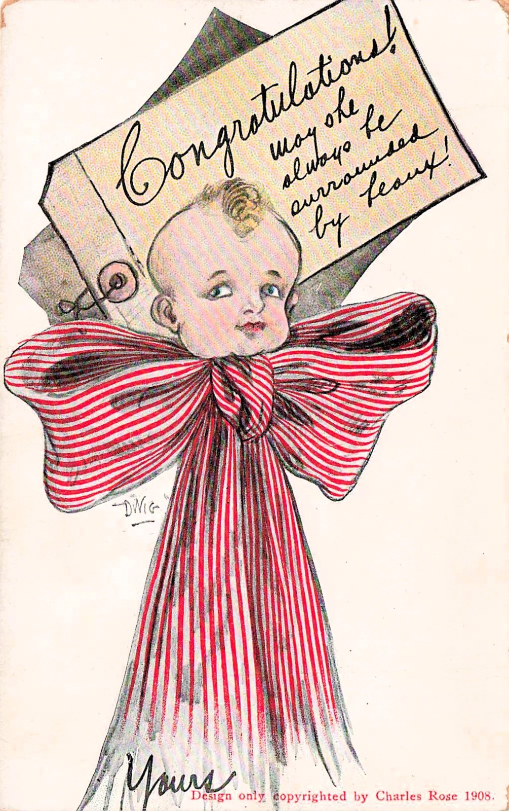Baby Boy Birth Announcement Card Large Bow Charles Rose 1908 Vtg Postcard I32