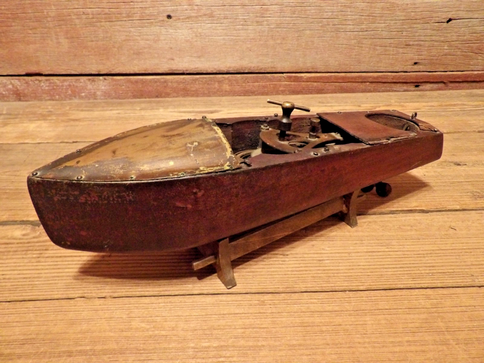 Vintage 1920\'s Mengel Playthings Miss America Mahogany Brass Wind-Up Boat- PARTS