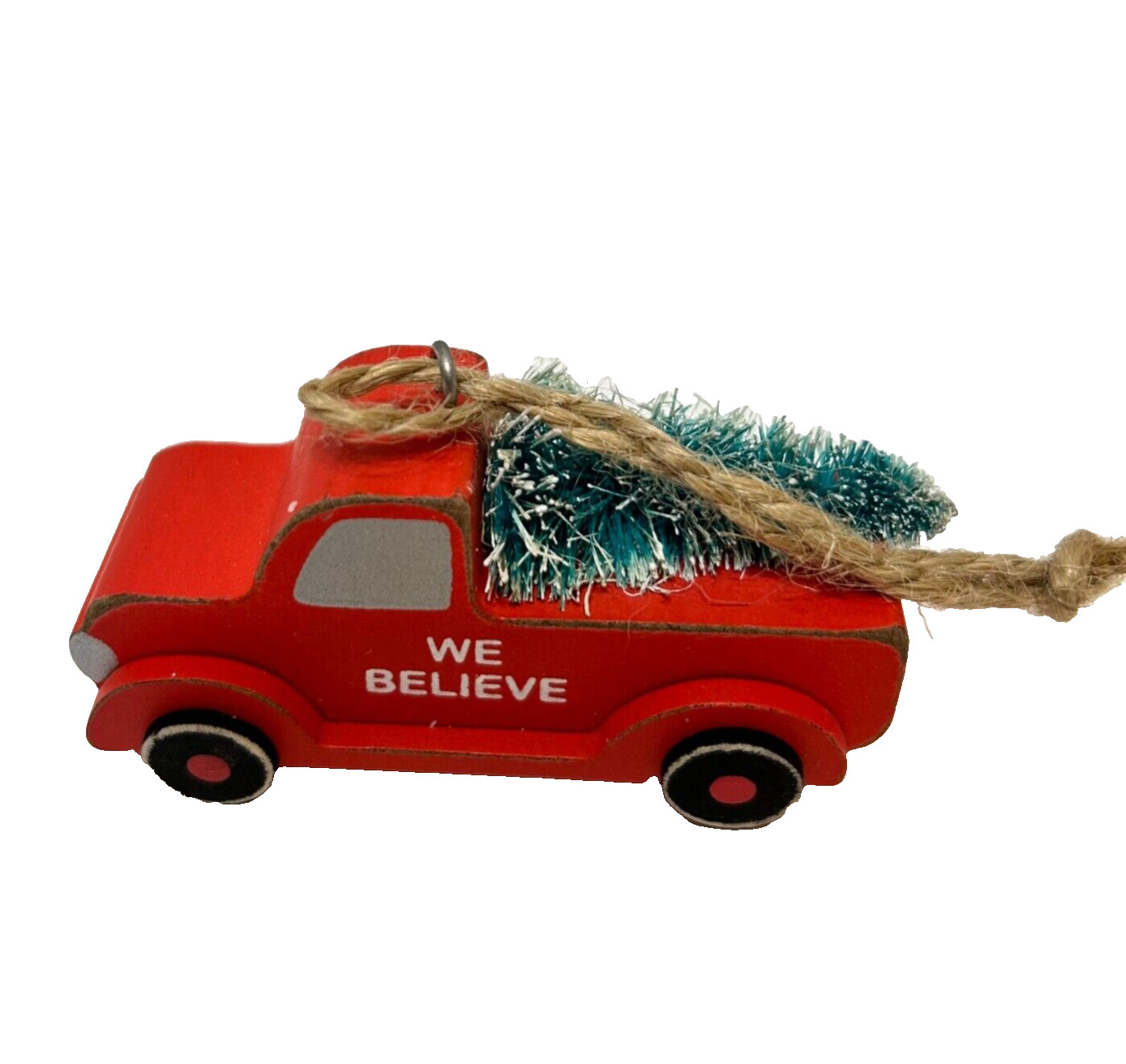 Vintage We Believe Wooden Red Truck Christmas Tree Ornament 2.75 x 1.25\