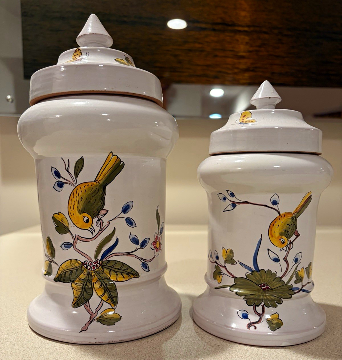 Vintage Italian Hand Painted Ceramic Bird Floral Lidded Canister Jars Pair Vintage Italian Hand Painted Ceramic Bird Floral Lidded Canister Jars Pair