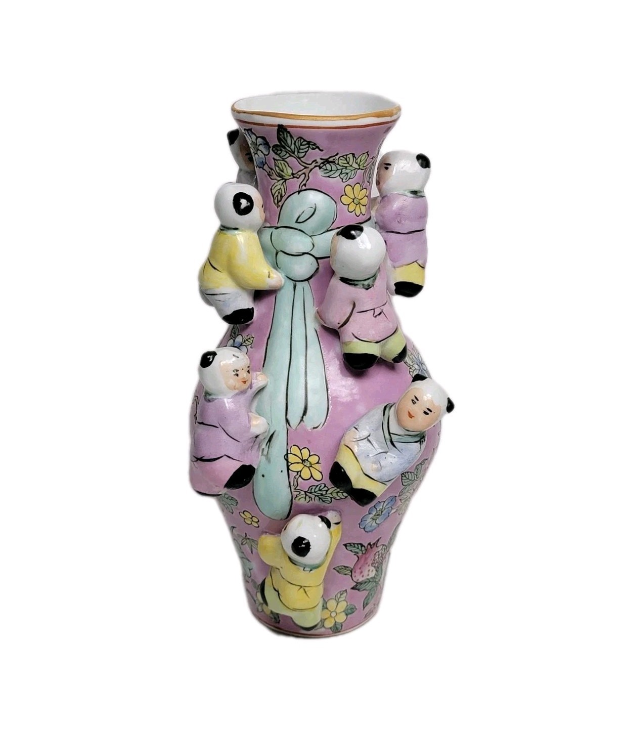 Vintage Chinese Fertility Vase Pink Climbing Children Flowers Butterflies MCM