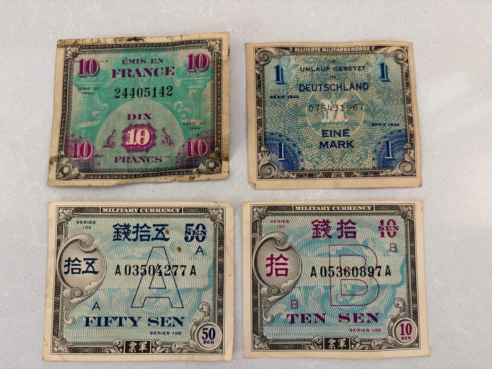 1944 ALLIED MILITARY CURRENCY vtg wartime money lot of 4 Japan Germany France