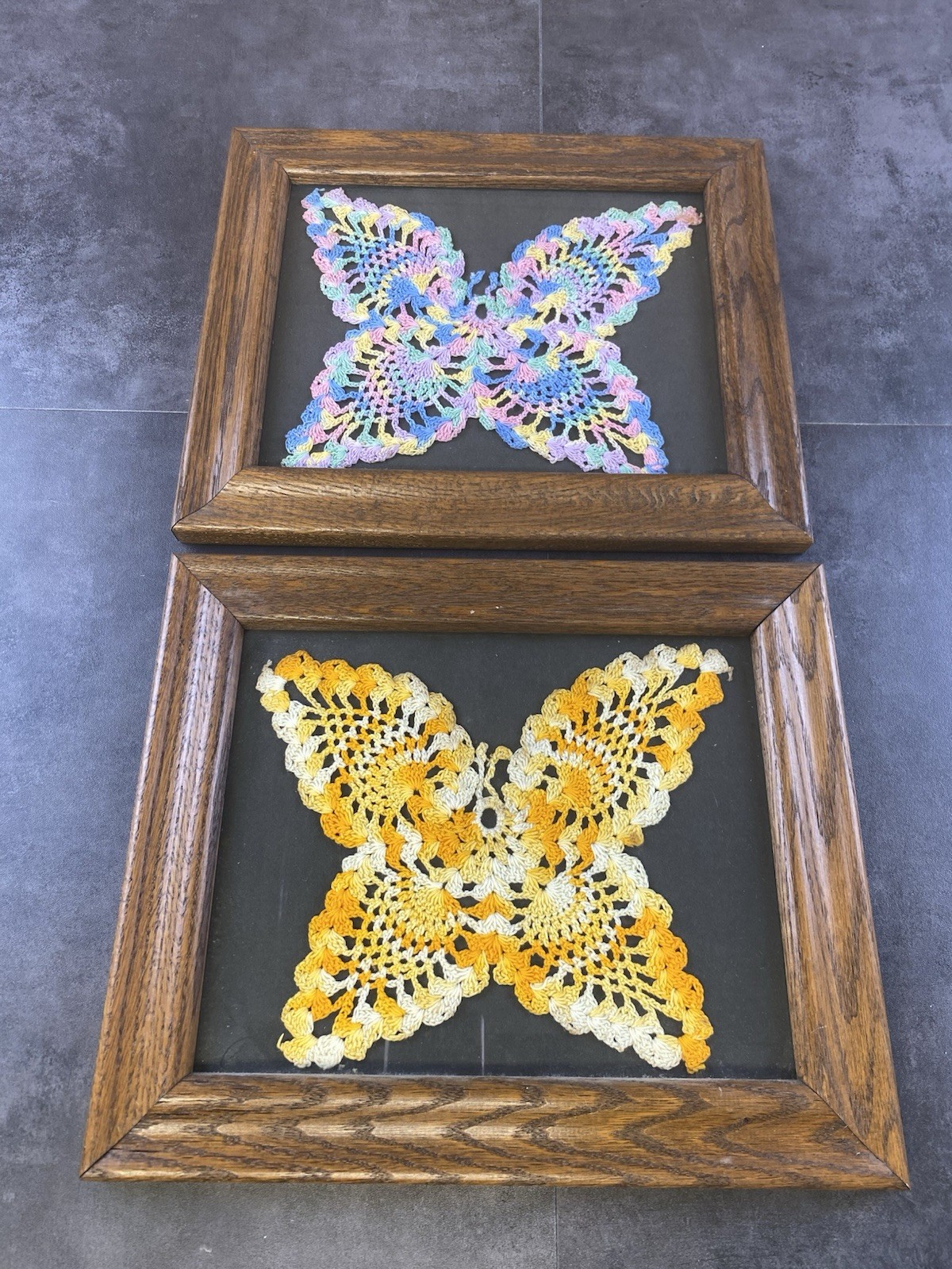 VTG Set of 2 Handmade Crochet Multi-Color Butterfly Doily Framed VTG Set of 2 Handmade Crochet Multi-Color Butterfly Doily Framed