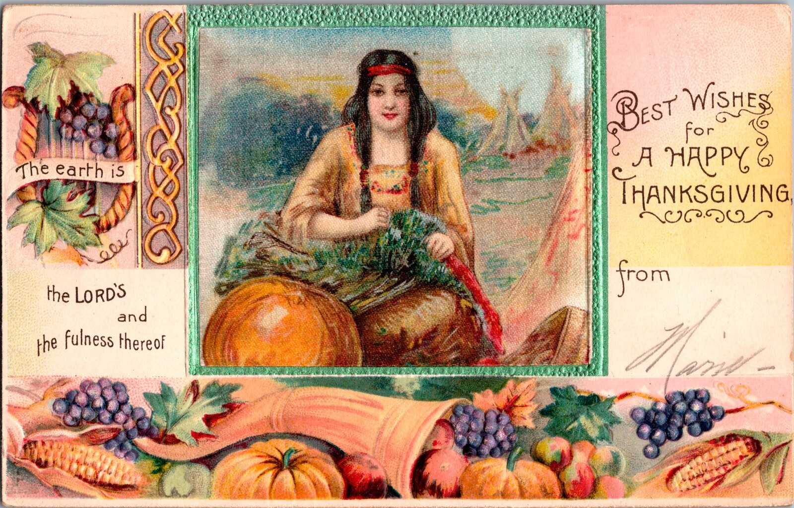 Vintage 1910 Schmucker Indian Winsch Girl & Turkey Thanksgiving Postcard UNUSUAL
